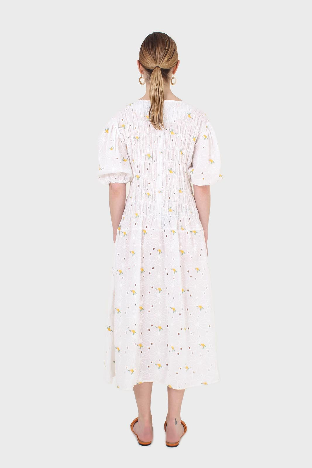 Ivory and yellow embroidered floral lace dress_2