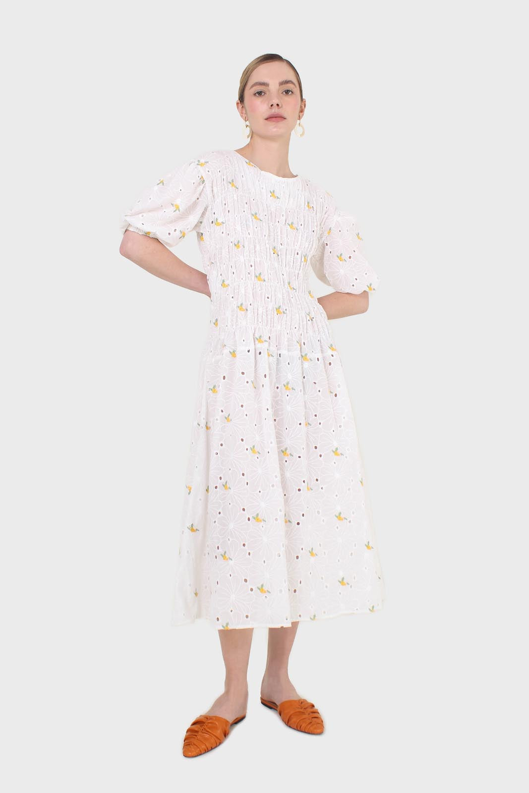 Ivory and yellow embroidered floral lace dress_6
