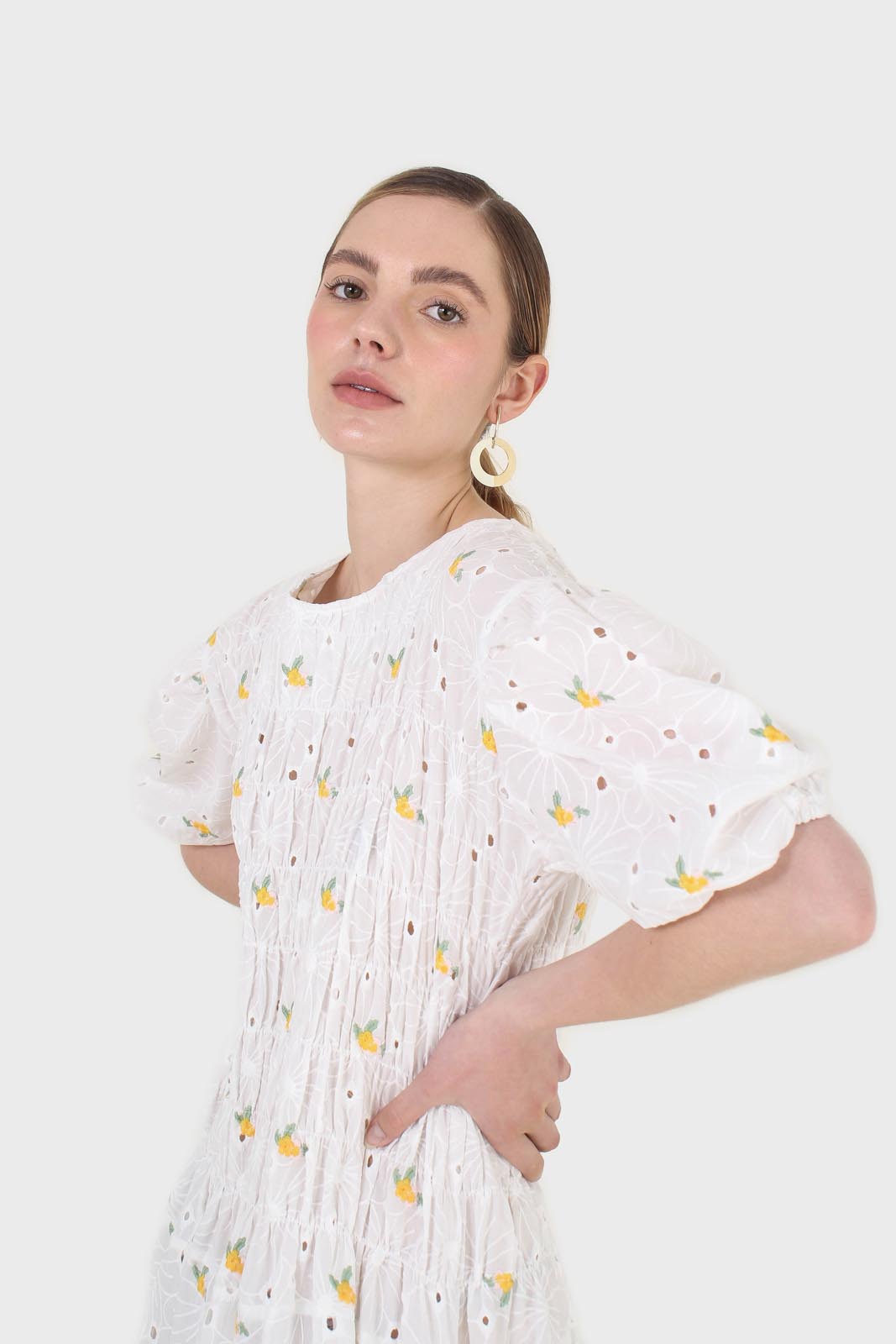 Ivory and yellow embroidered floral lace dress_7