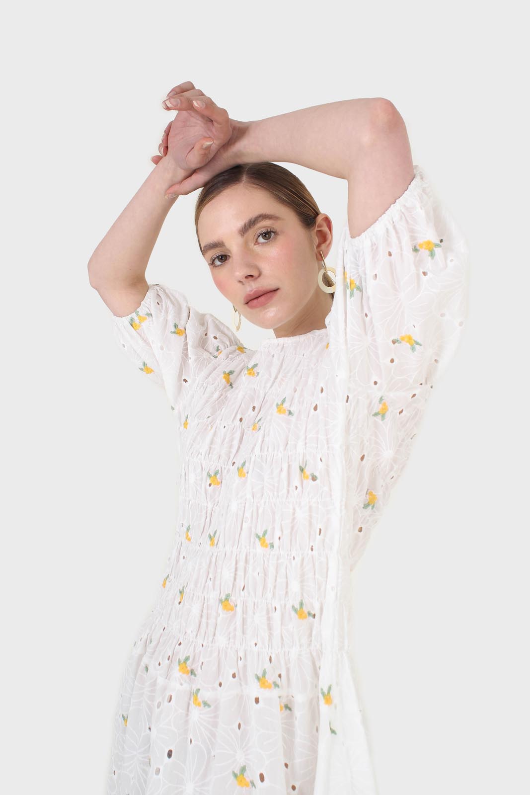 Ivory and yellow embroidered floral lace dress_8