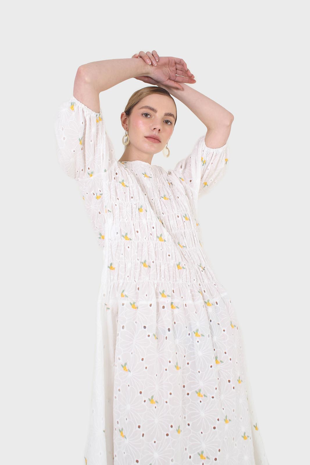 Ivory and yellow embroidered floral lace dress_9