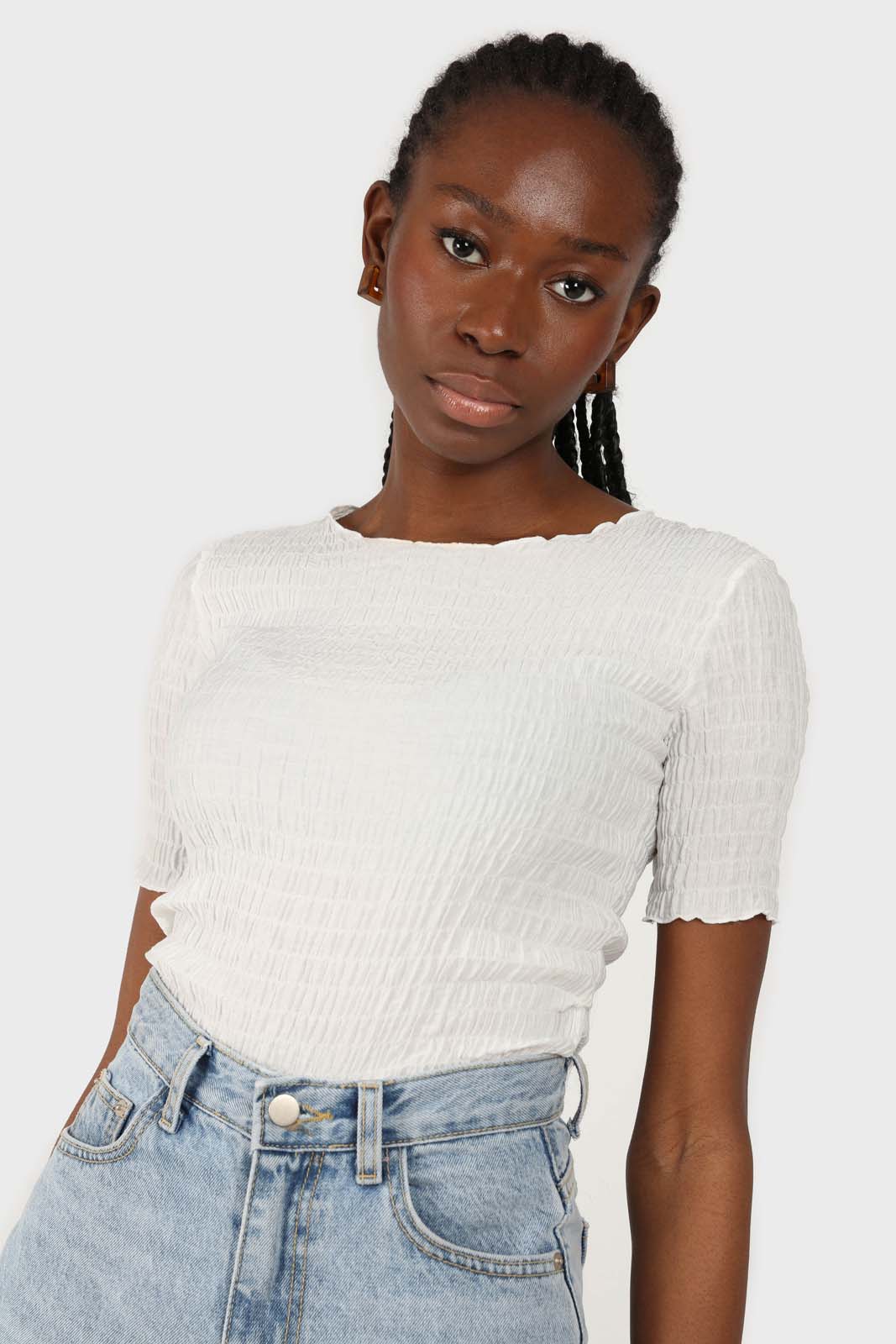 White smocked fitted short sleeved top_2