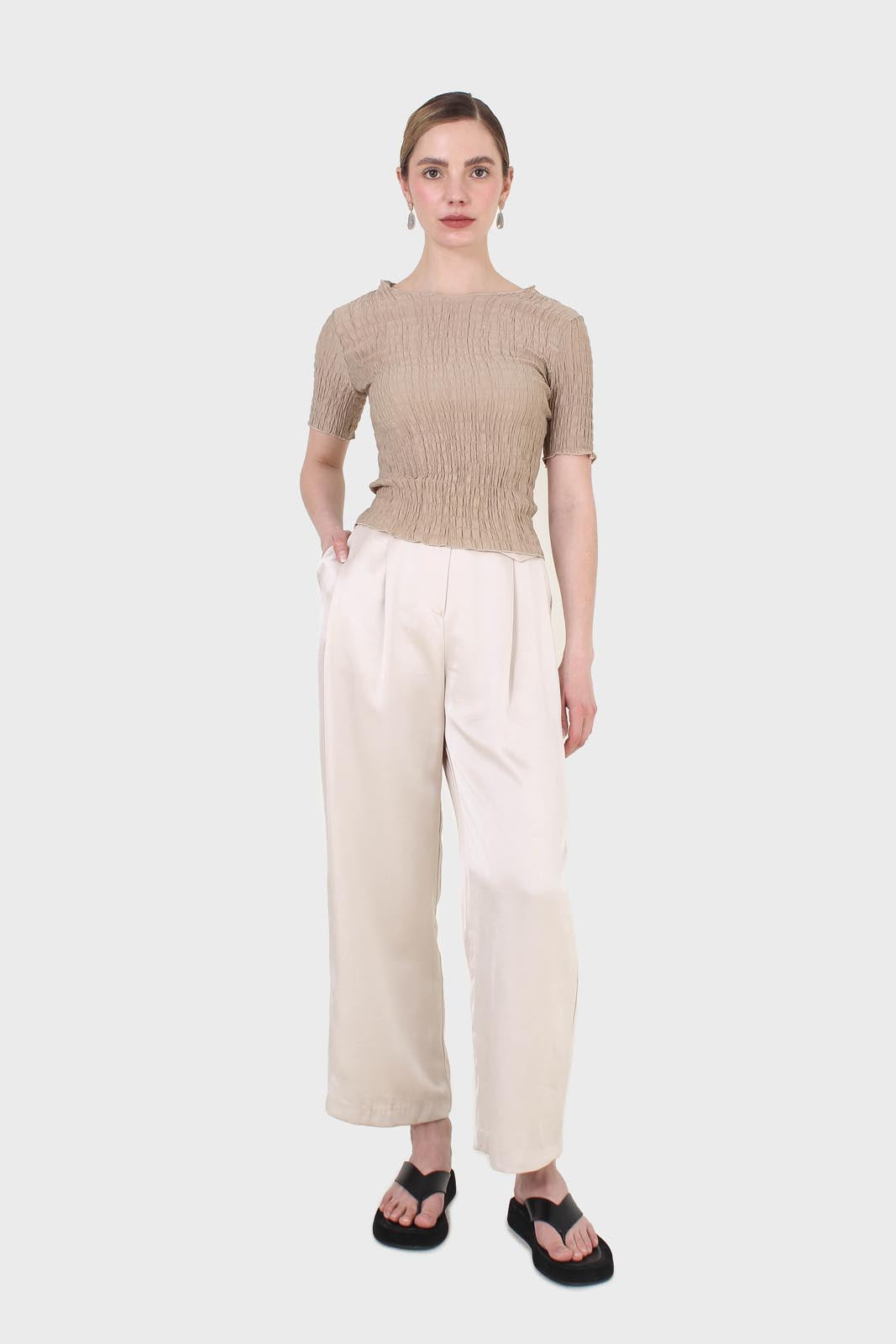 Beige smocked fitted short sleeved top_3