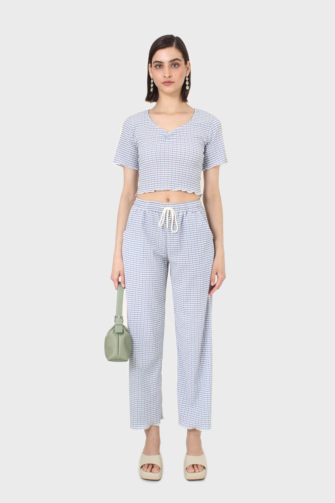 Blue gingham loose fit drawstring trousers_4