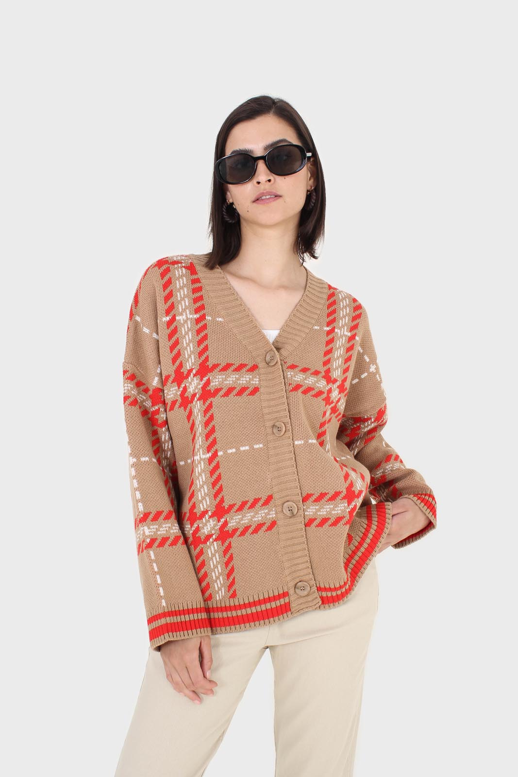 Camel and orange bold checked cardigan_1