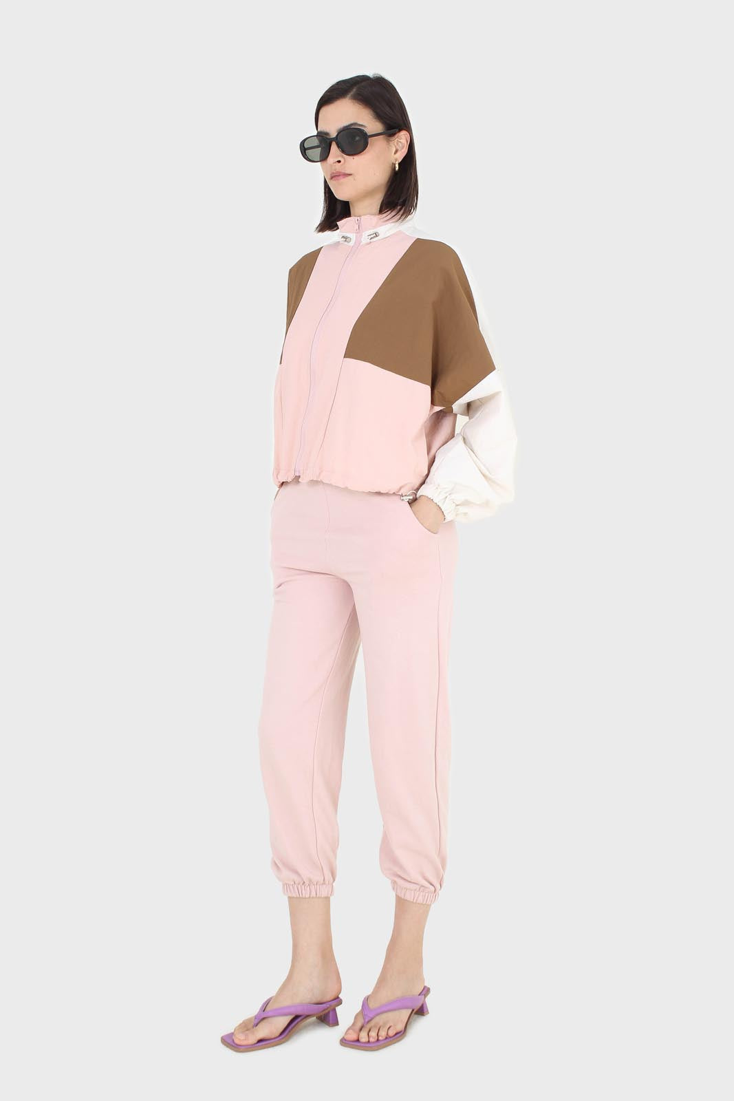 Pink and khaki colorblock nylon windbreaker_4