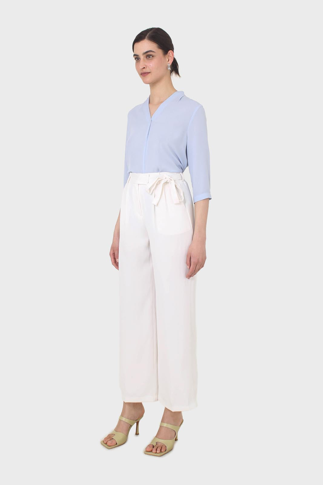 Ivory smart wide leg panel belted trousers_5