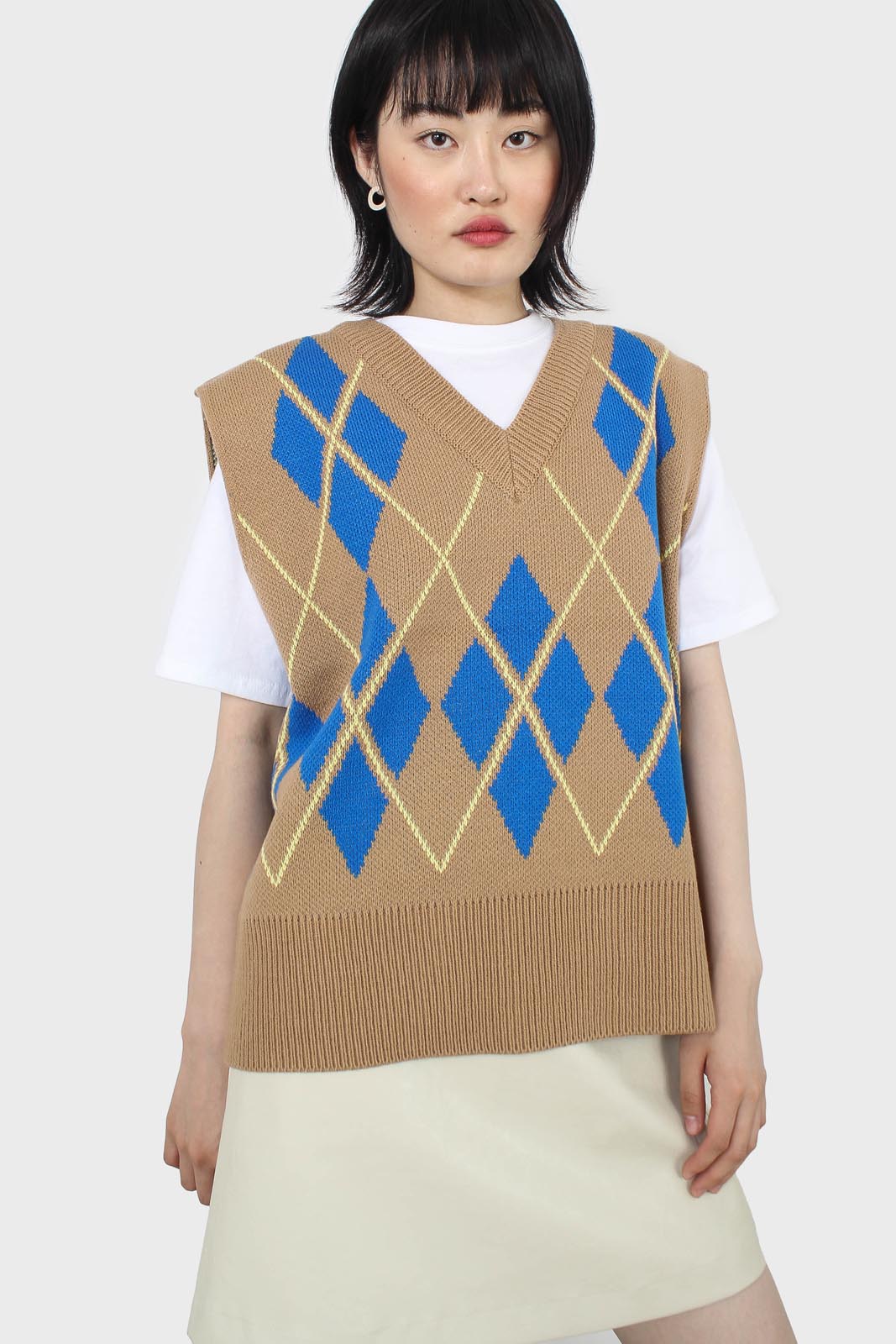 Camel and bright blue argyle sweater vest_1