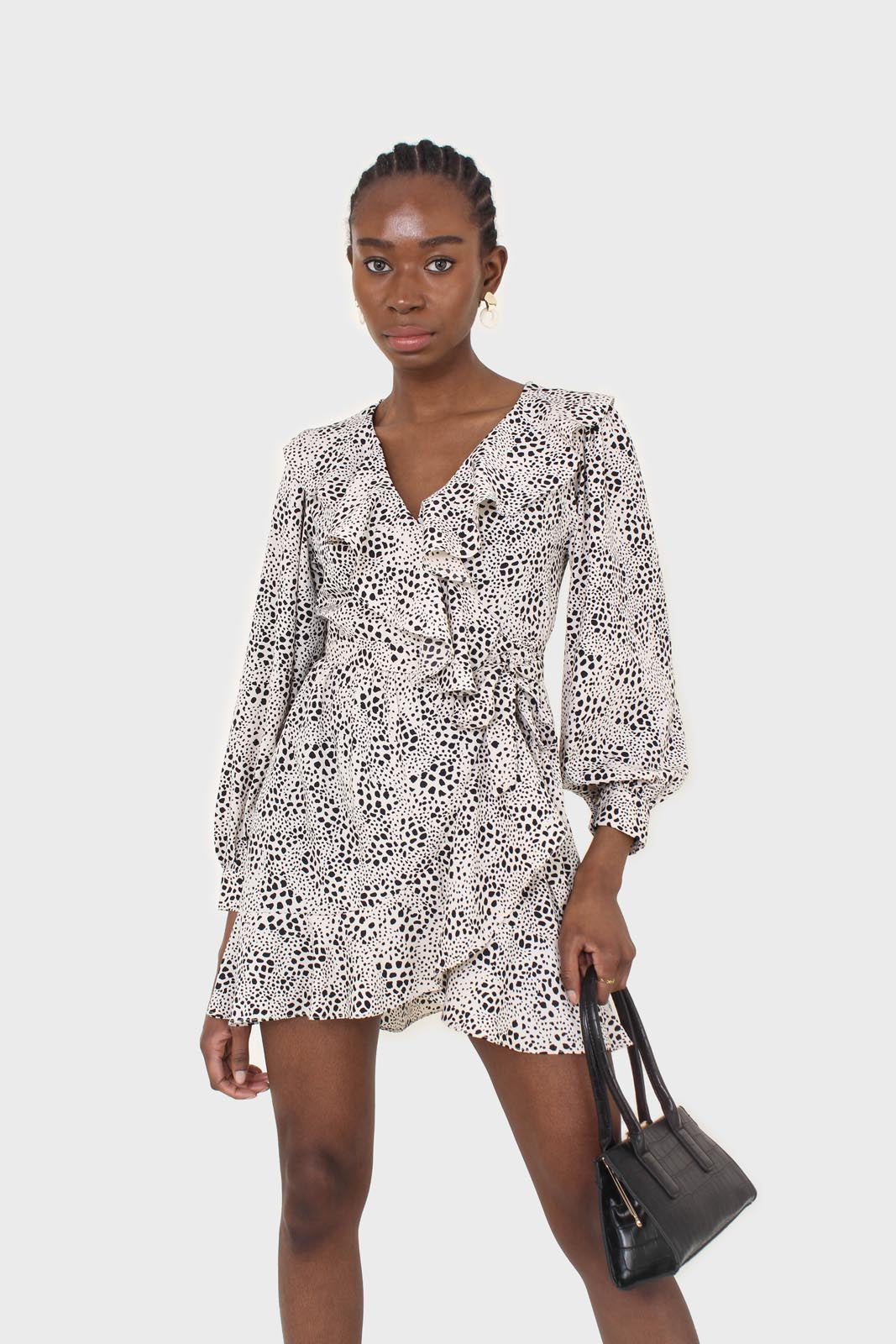 Ivory and black printed ruffle trim dress_1