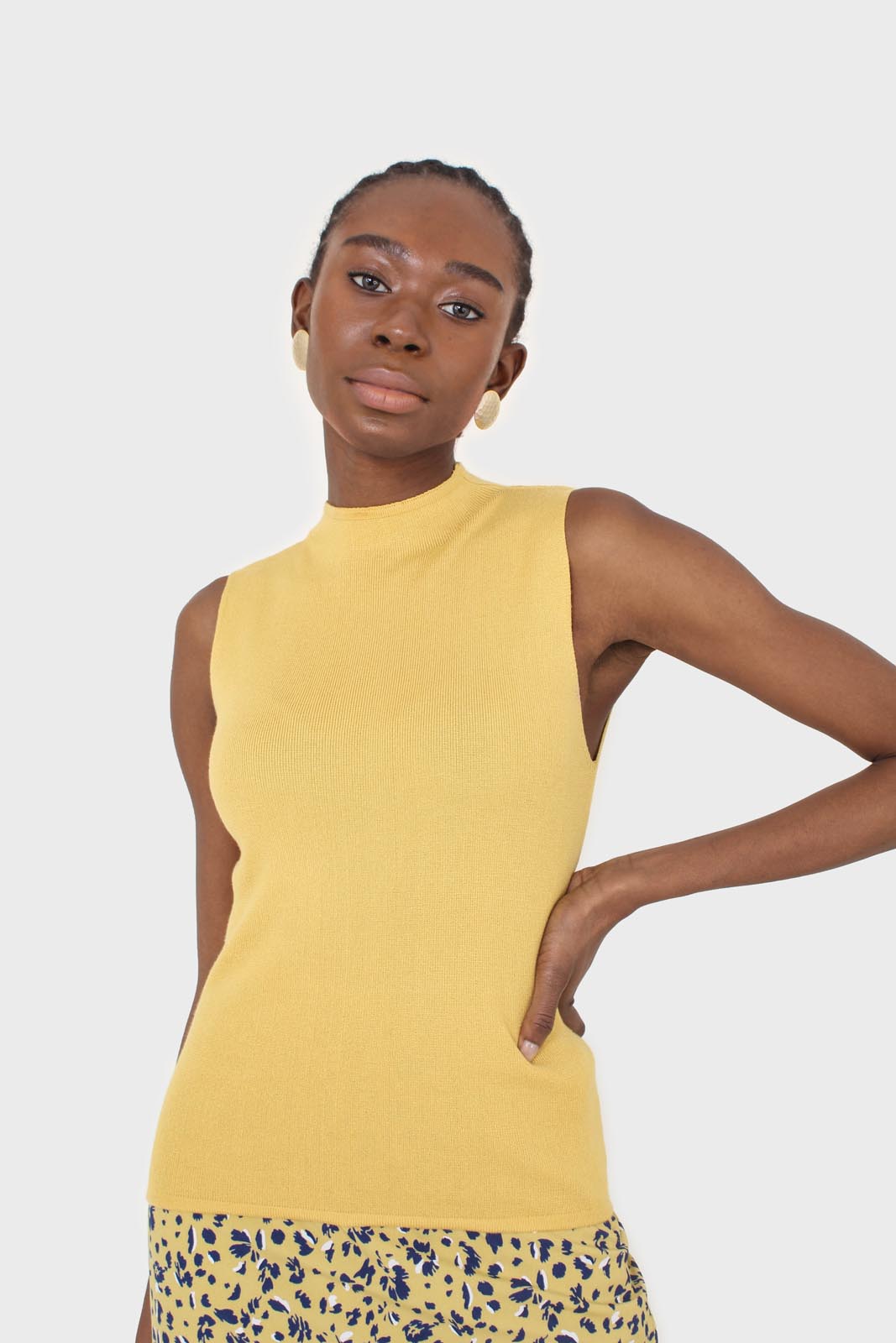 Mustard sleeveless mock neck knit tank_1