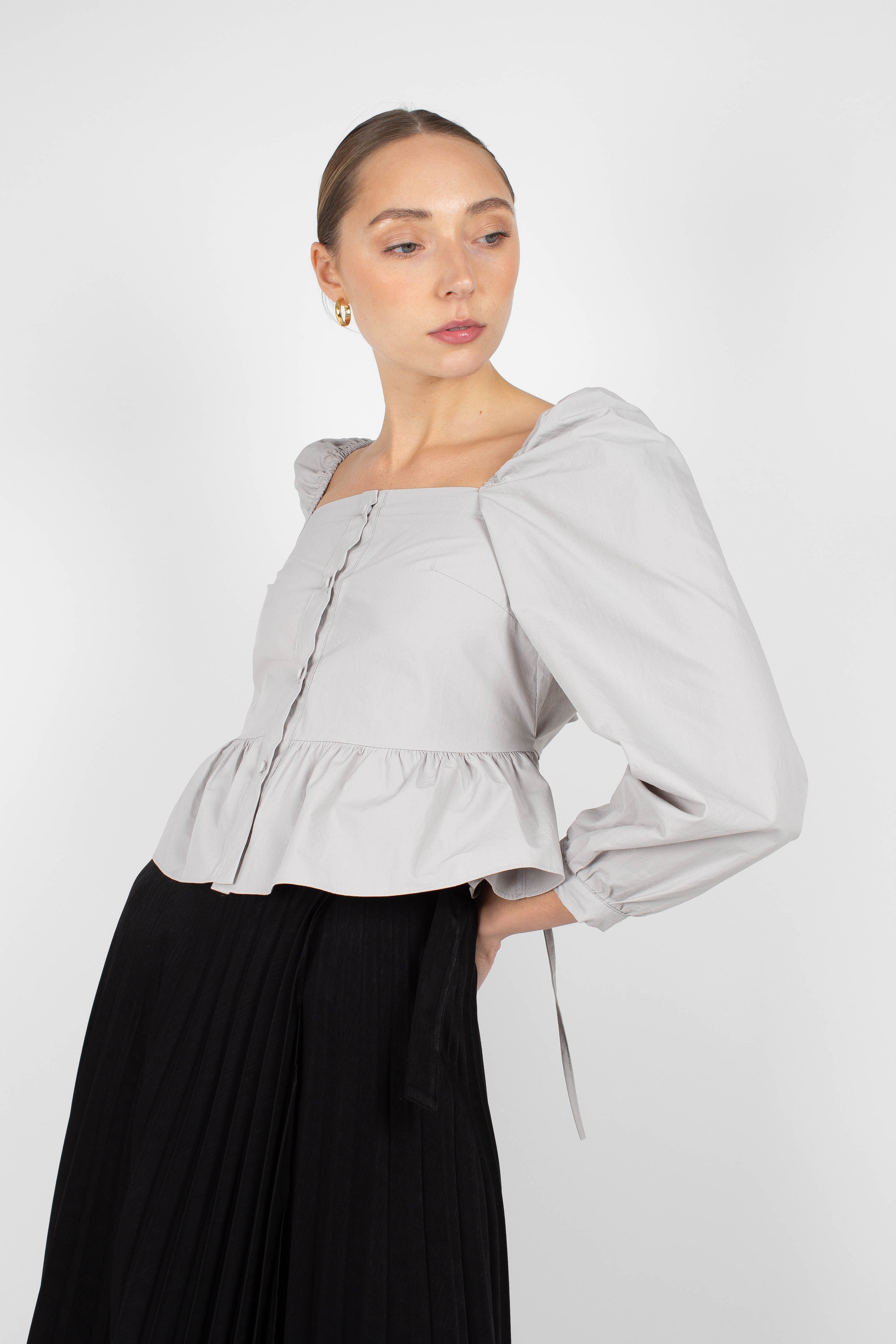 Pale blue off shoulder cinch waist top_1