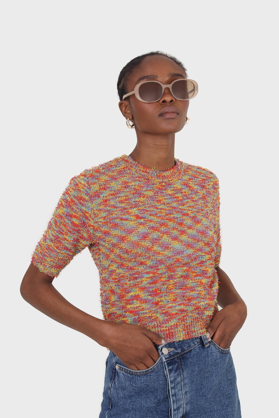 Red rainbow intarsia knit tee_1