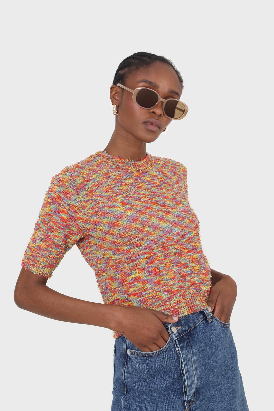 Red rainbow intarsia knit tee_6