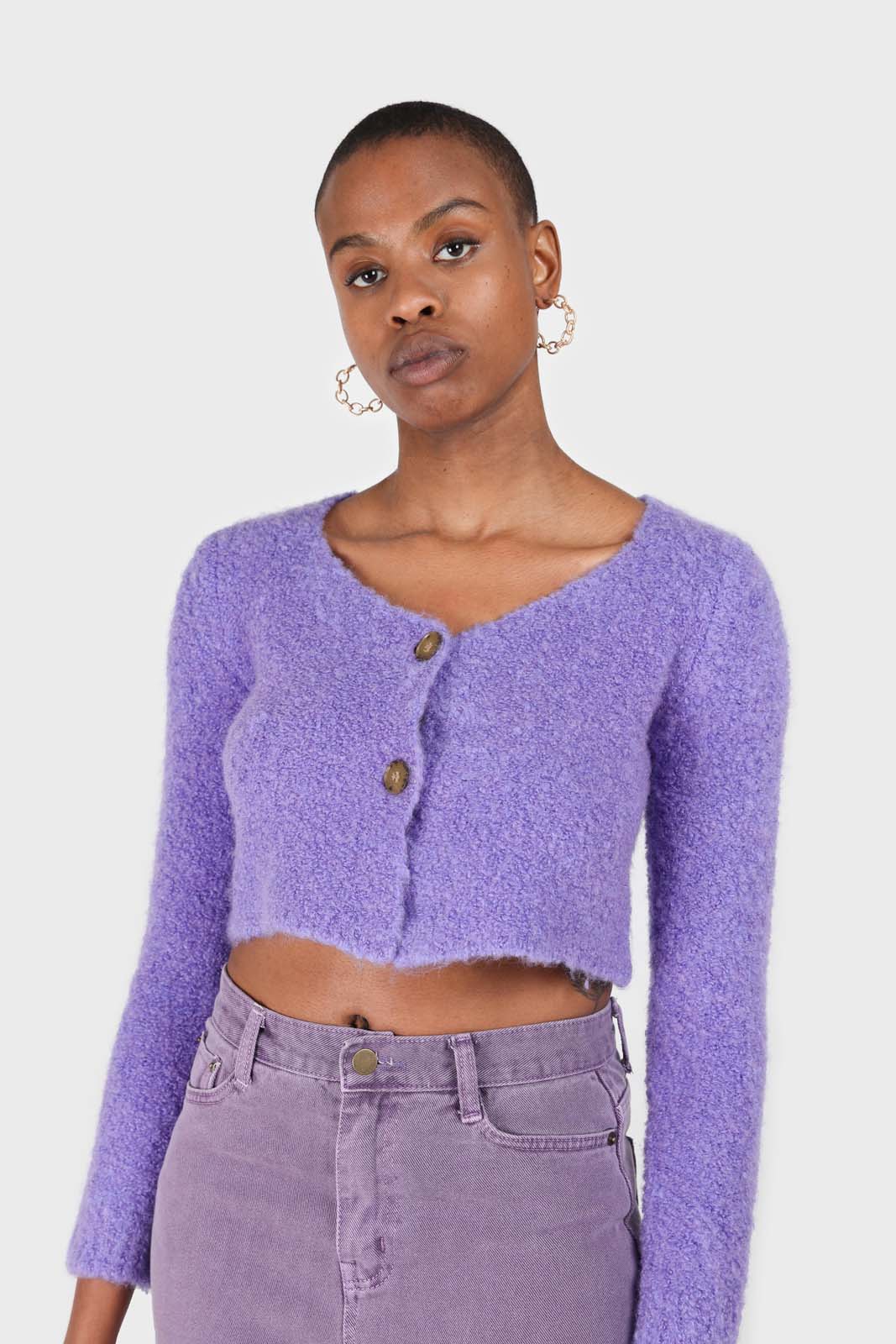 Purple fuzzy double button cardigan_12