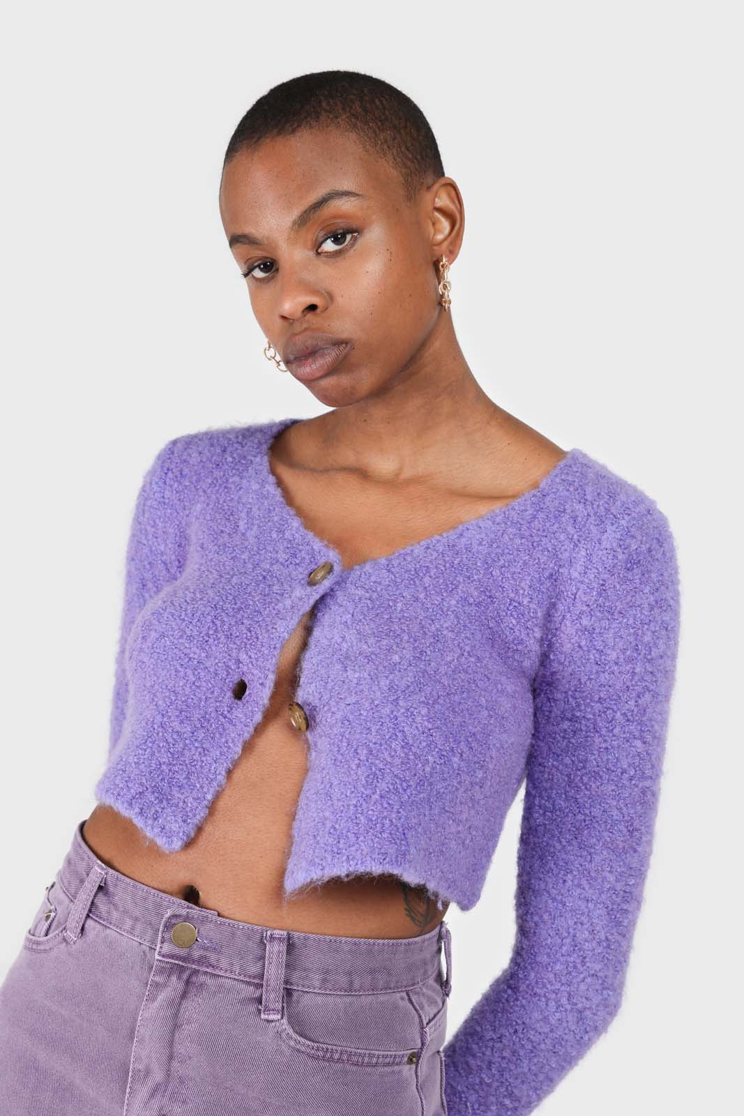 Purple fuzzy double button cardigan_13