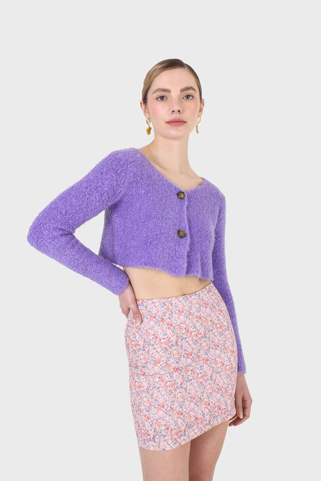 Purple fuzzy double button cardigan_1