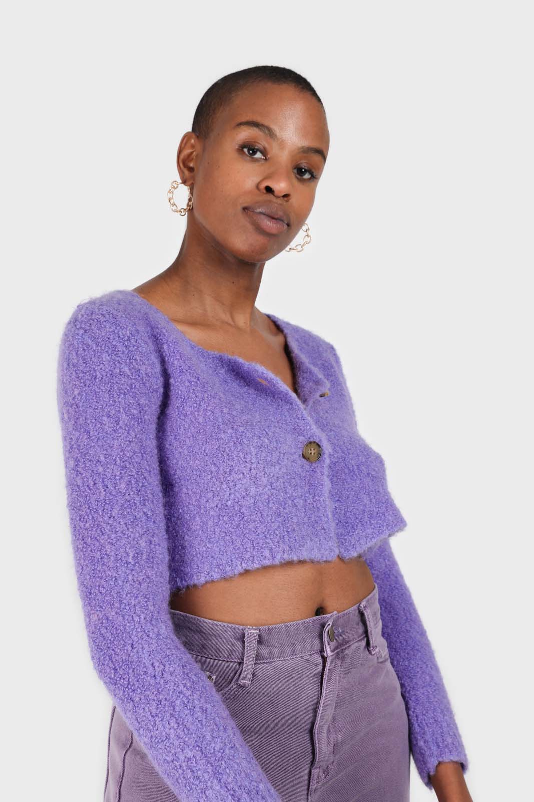 Purple fuzzy double button cardigan_10