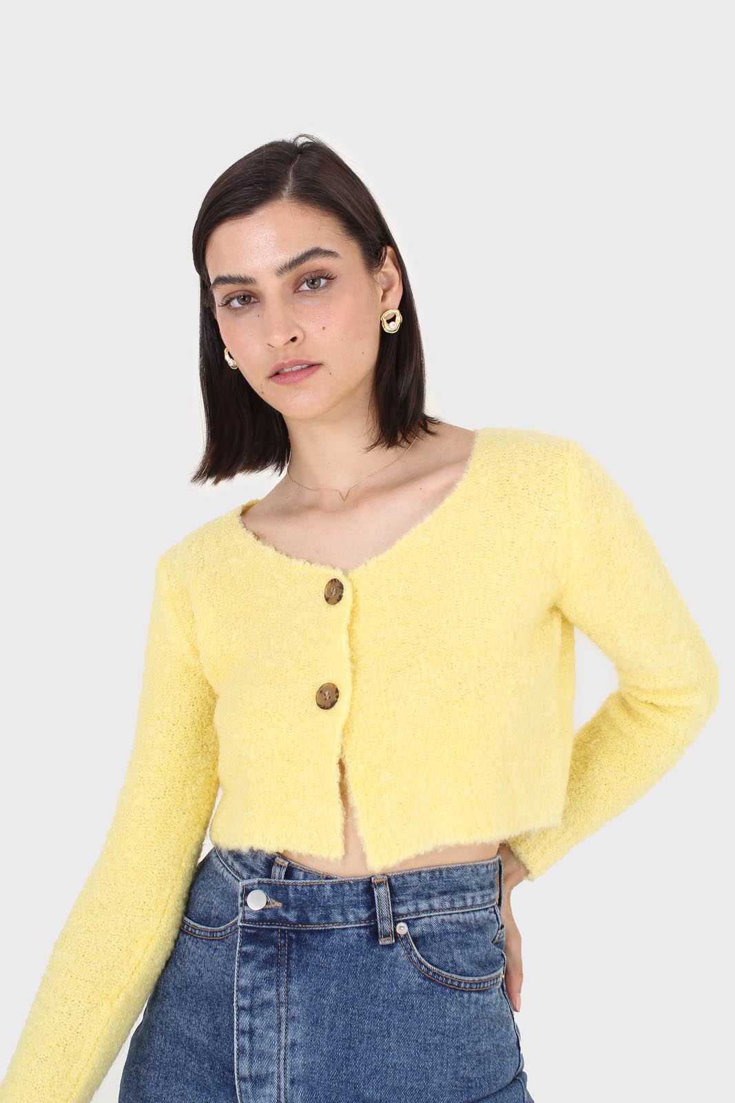 Yellow fuzzy double button cardigan_1