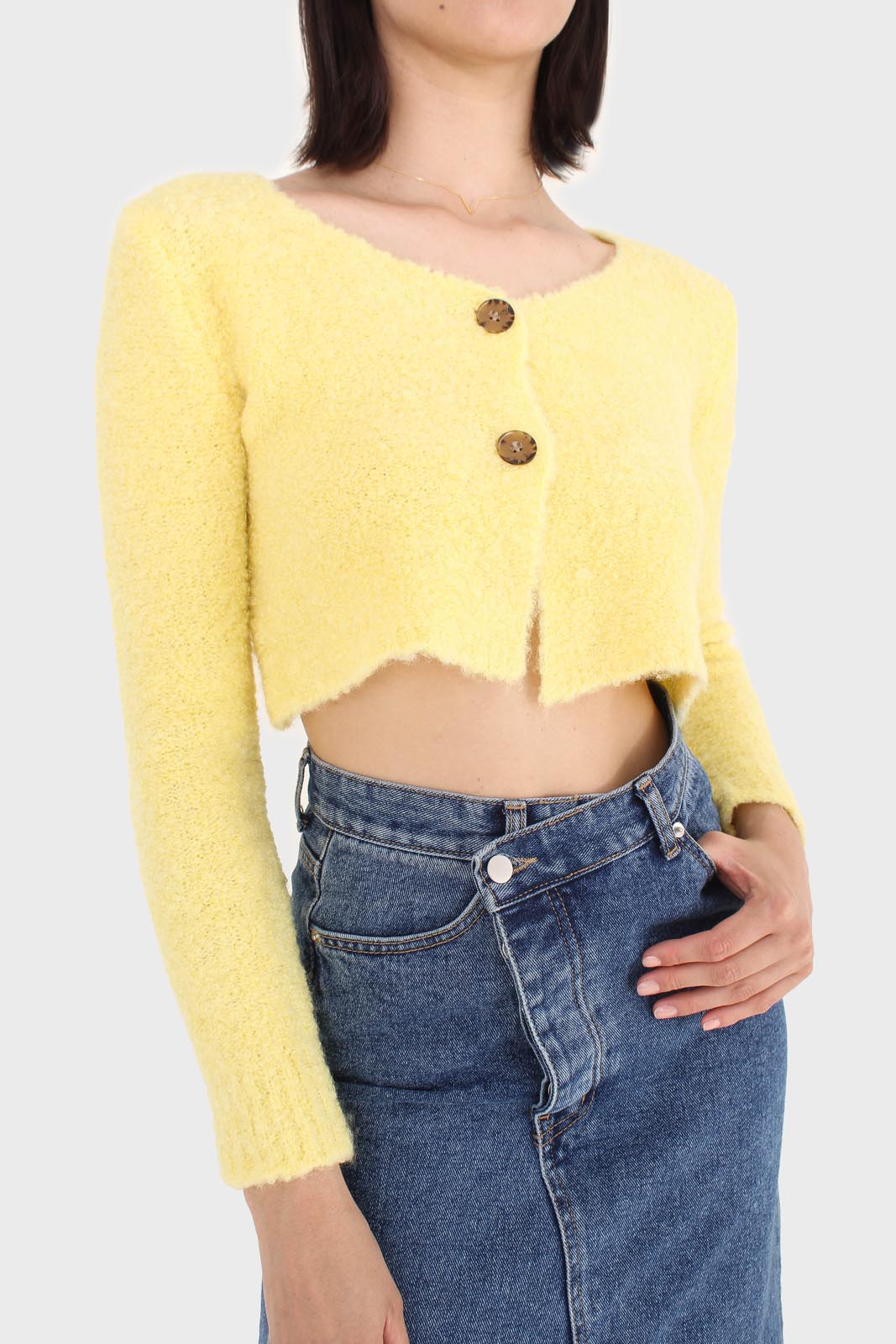 Yellow fuzzy double button cardigan_5