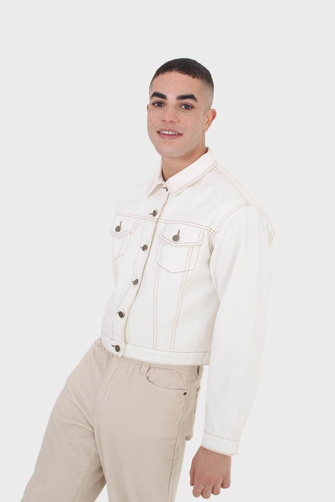 Ivory and yellow contrast stitch denim jacket - 701_4