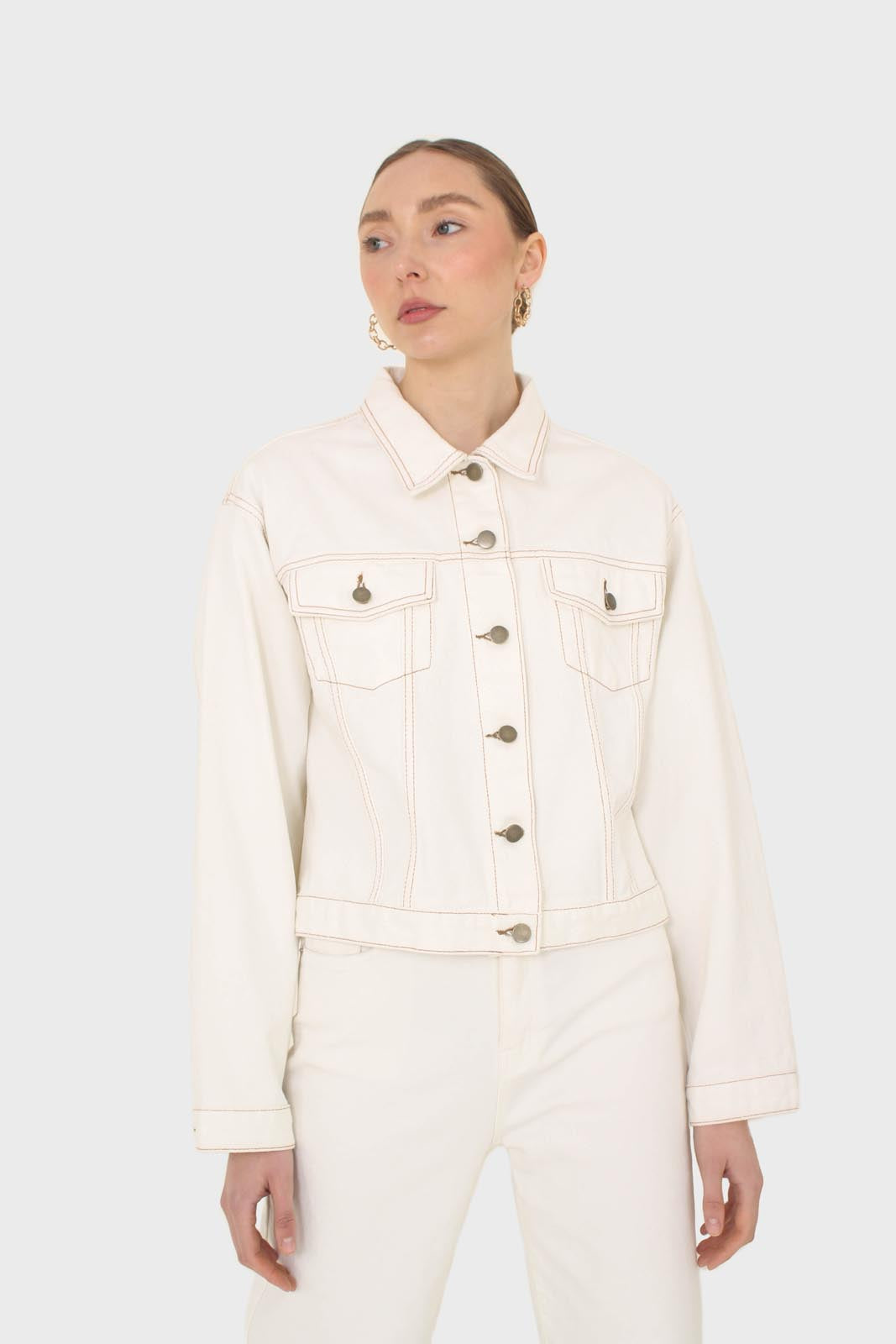 Ivory and yellow contrast stitch denim jacket - 701_9