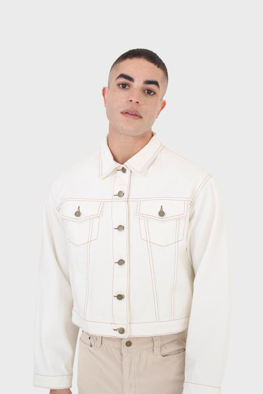 Ivory and yellow contrast stitch denim jacket - 701_5