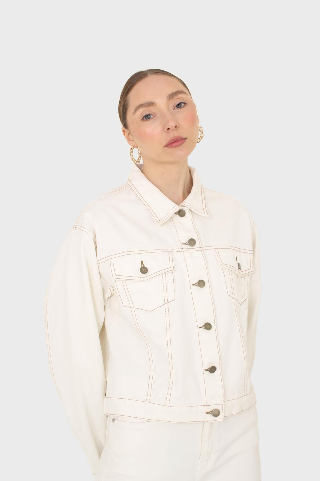 Ivory and yellow contrast stitch denim jacket - 701_8