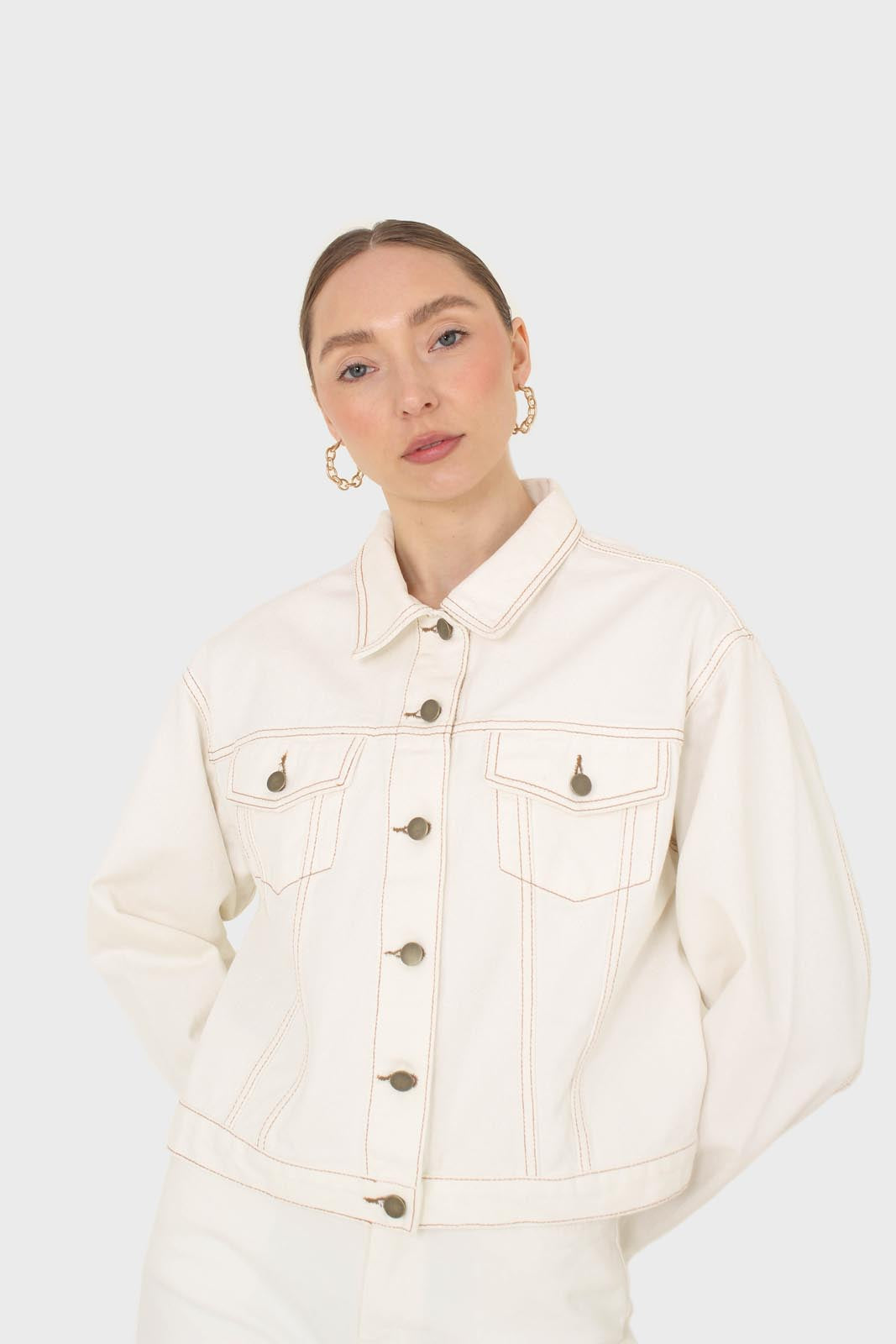Ivory and yellow contrast stitch denim jacket - 701_13
