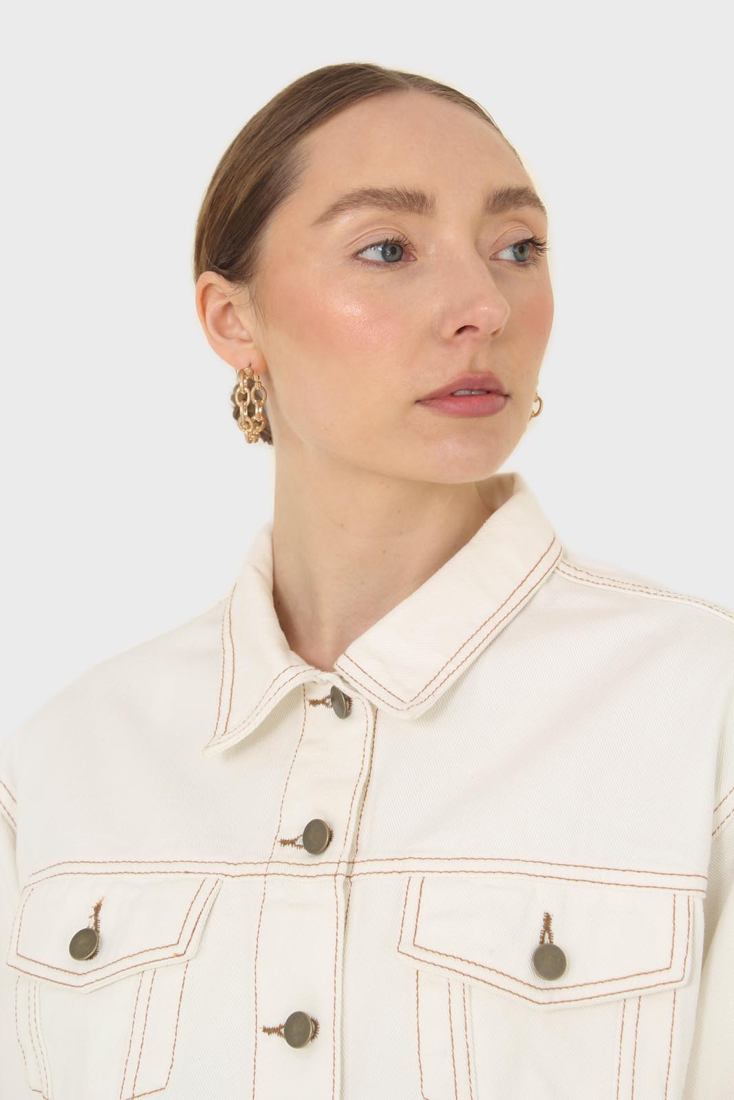 Ivory and yellow contrast stitch denim jacket - 701_10