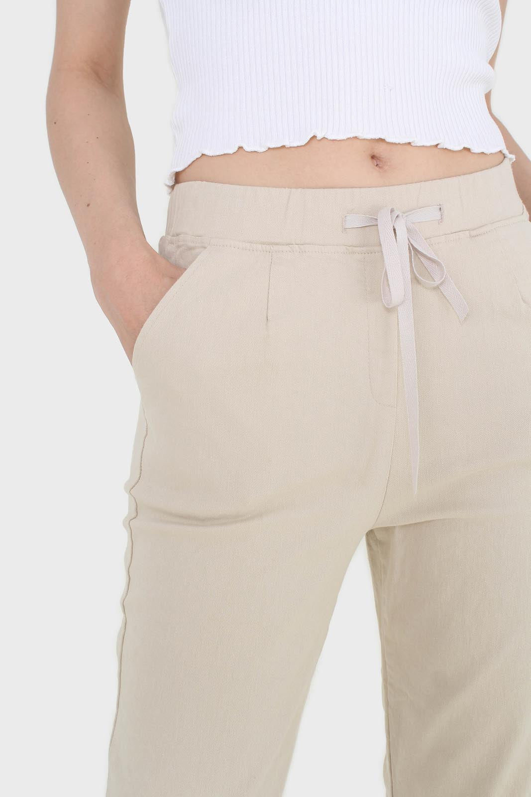 Beige thick dart front loose fit drawstring trousers_2