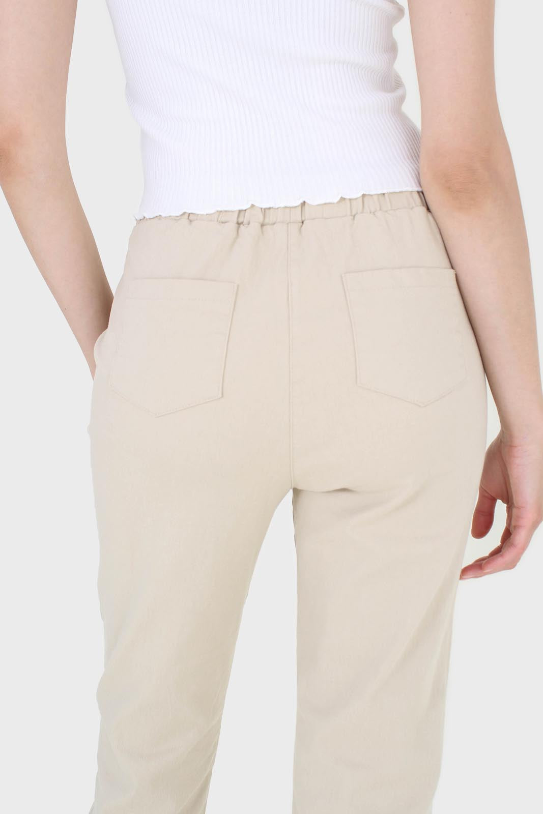 Beige thick dart front loose fit drawstring trousers_4