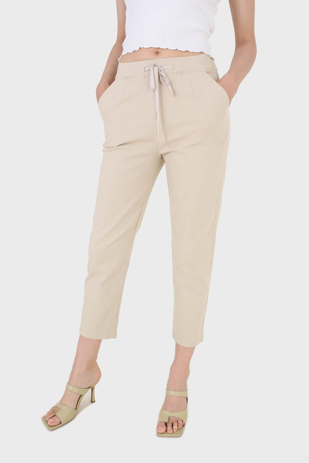 Beige thick dart front loose fit drawstring trousers_1