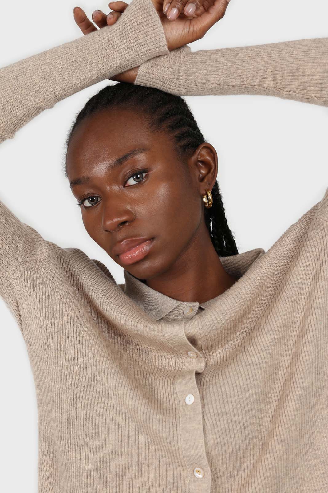 Beige button up collar knit top_2