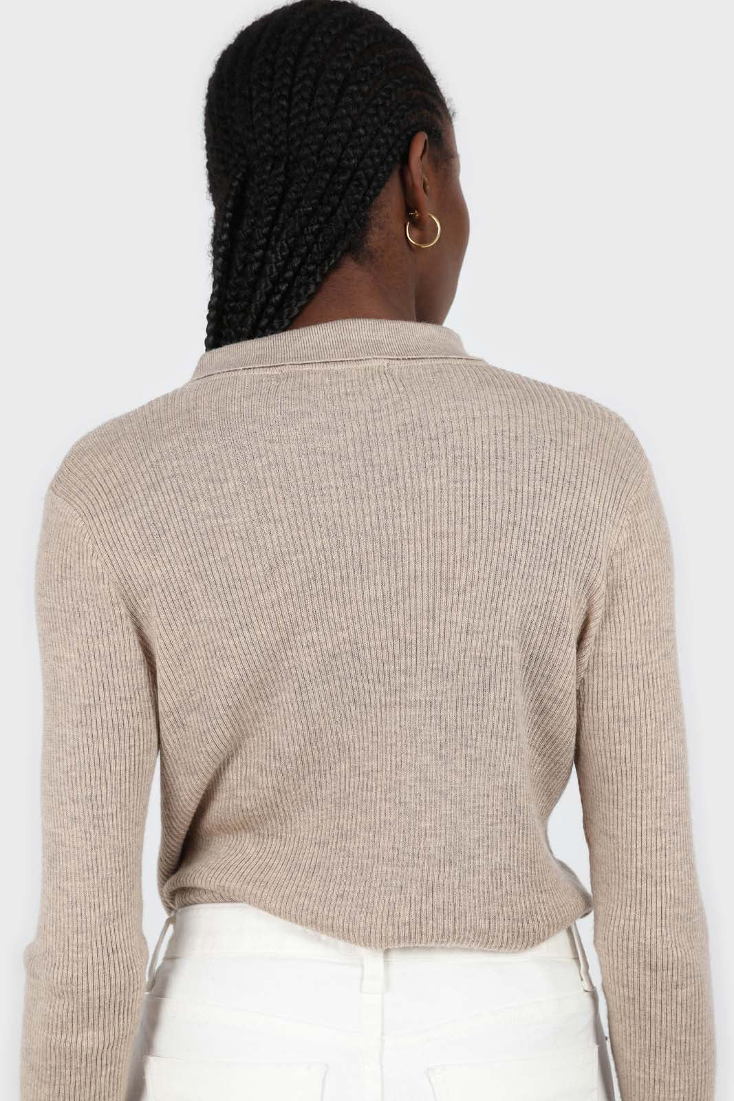 Beige button up collar knit top_3