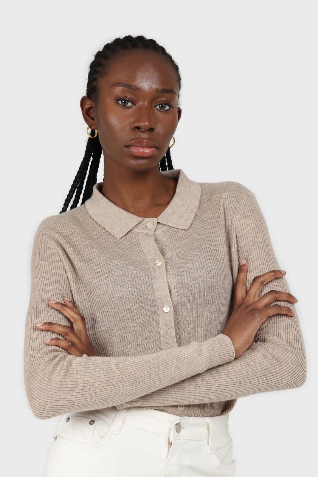 Beige button up collar knit top_4