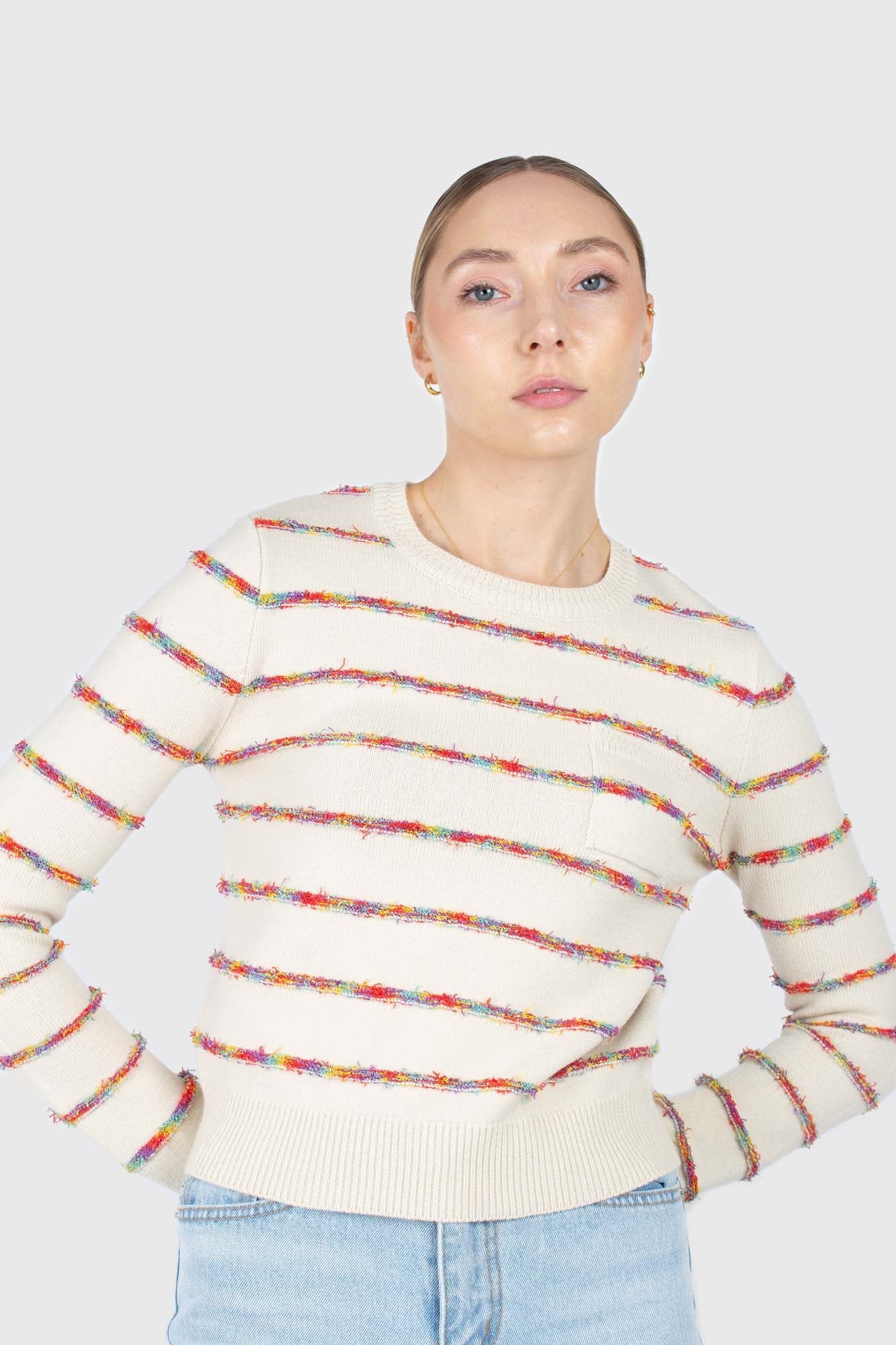 Ivory rainbow striped pocket knit top_1