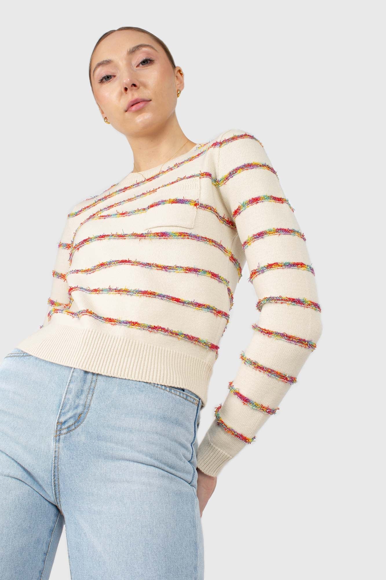 Ivory rainbow striped pocket knit top_2