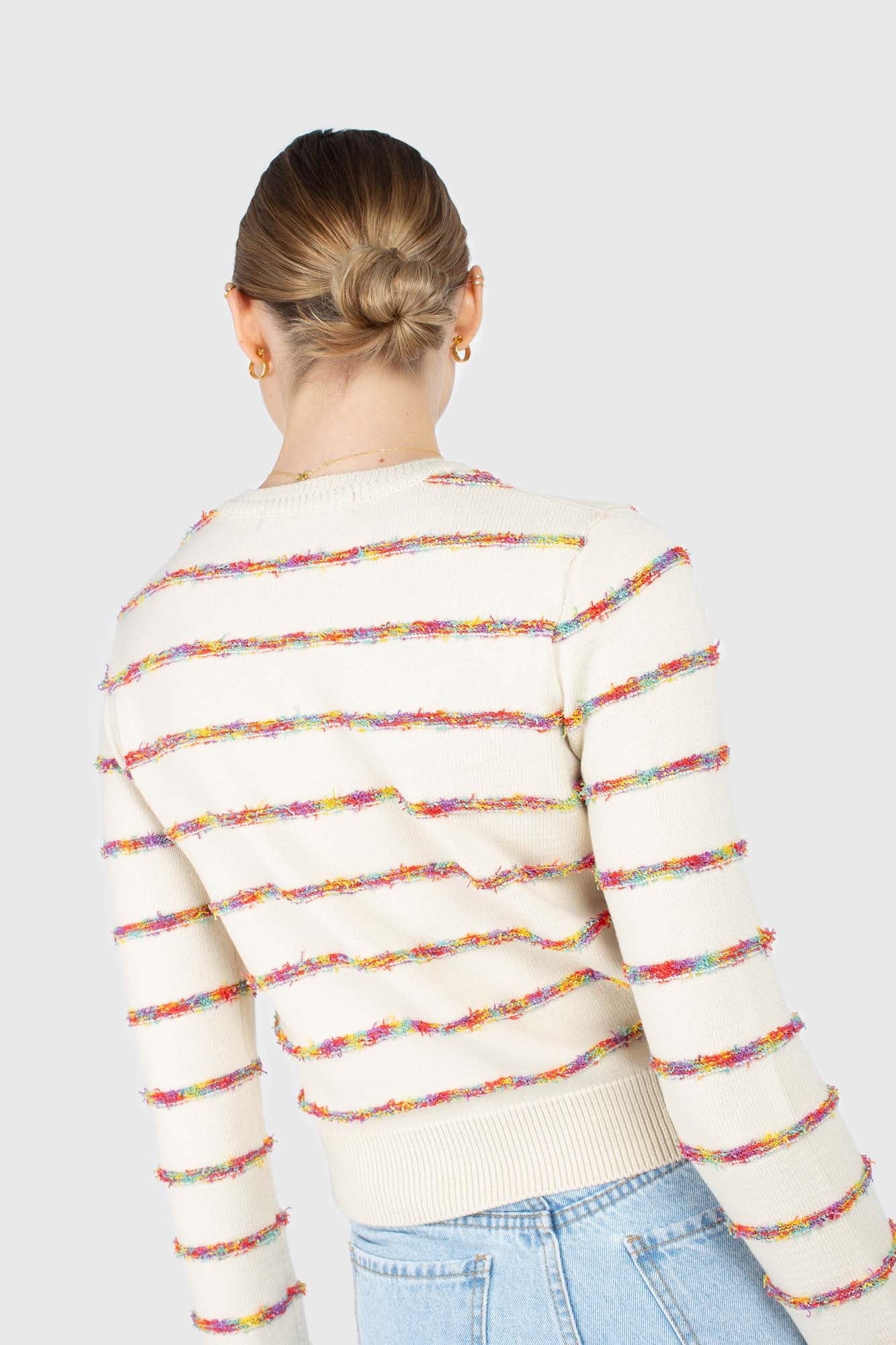 Ivory rainbow striped pocket knit top_3