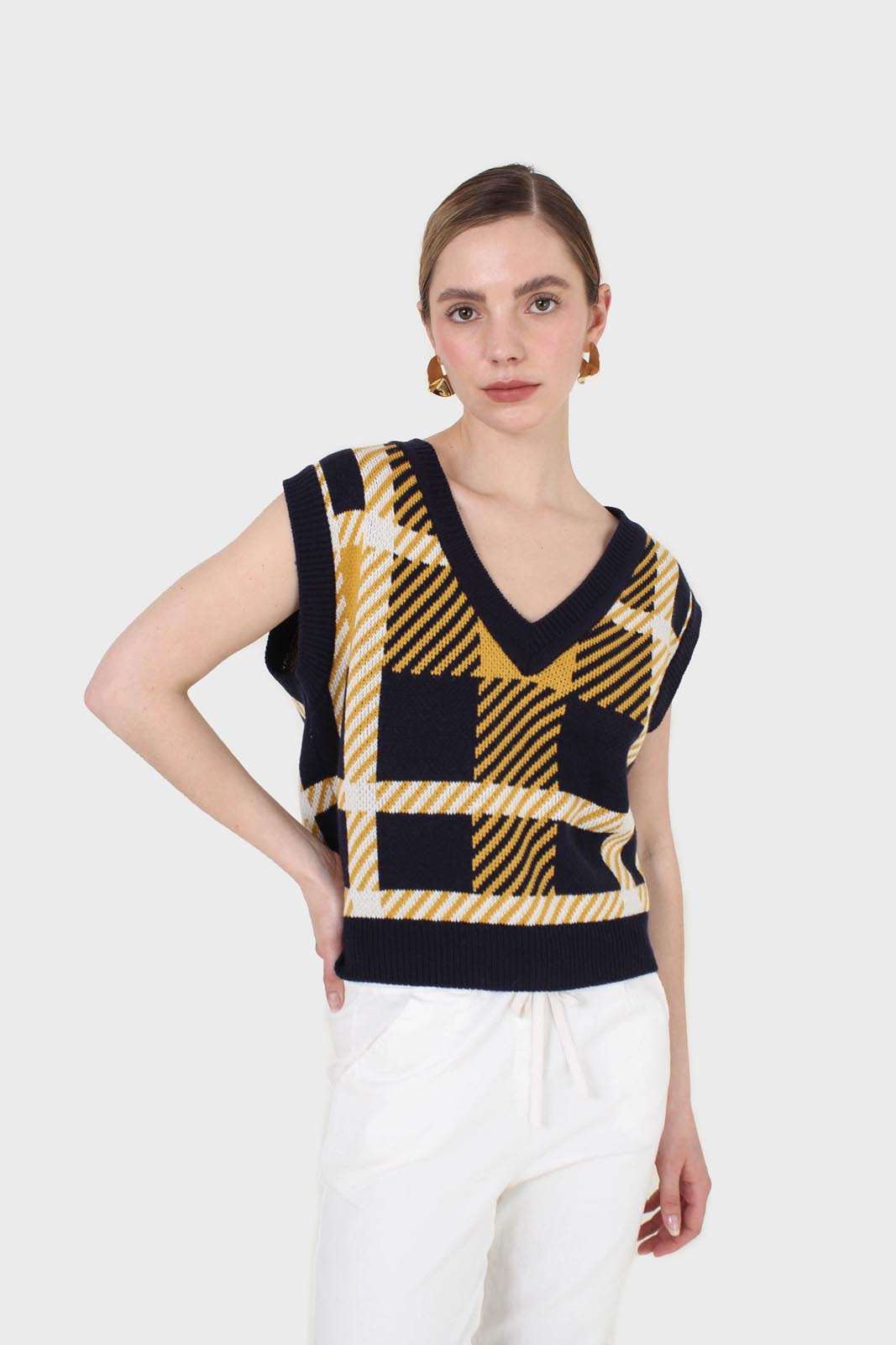 Navy and yellow plaid knit vest_1