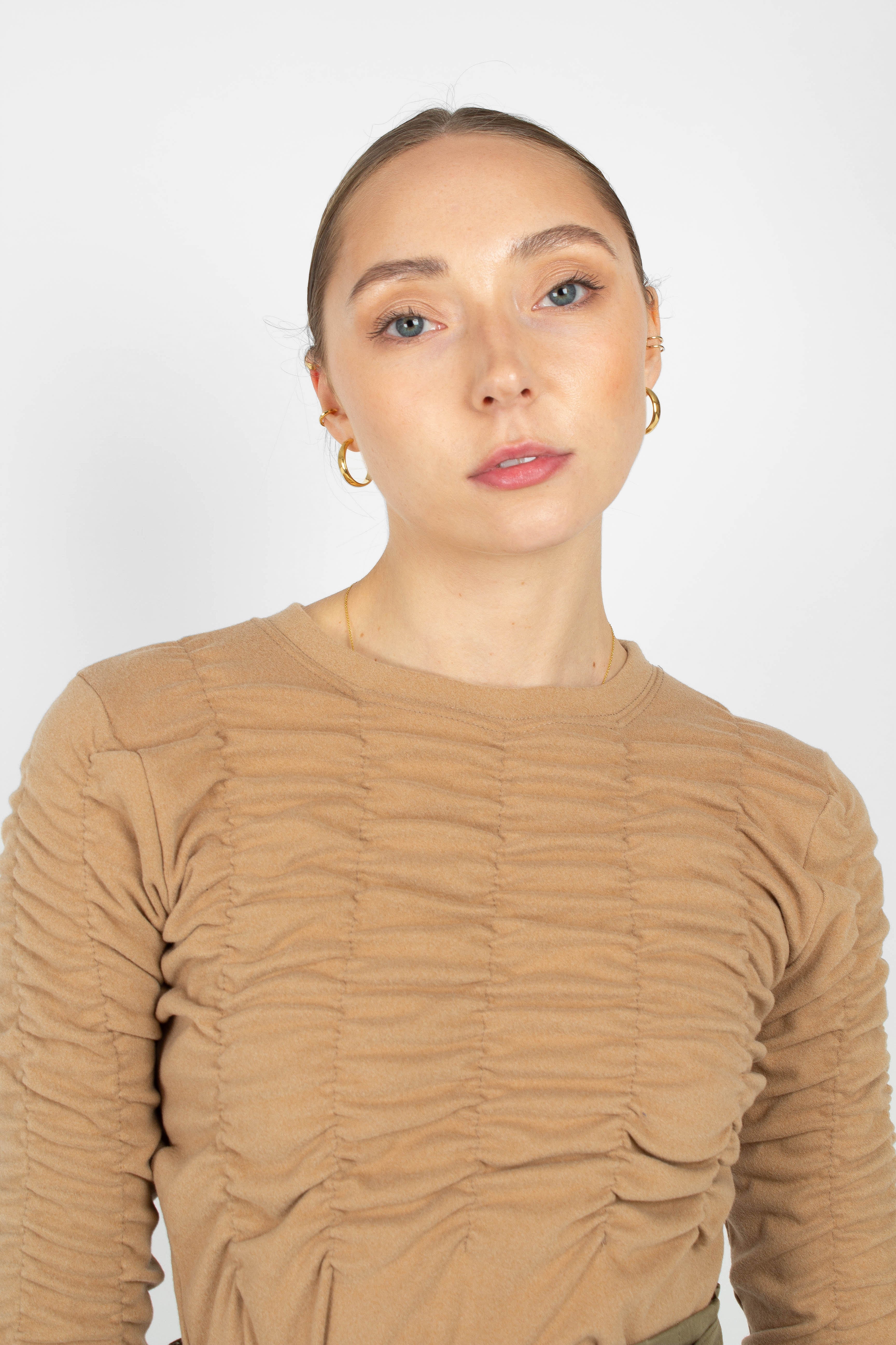 Beige half shirring long sleeved top_1