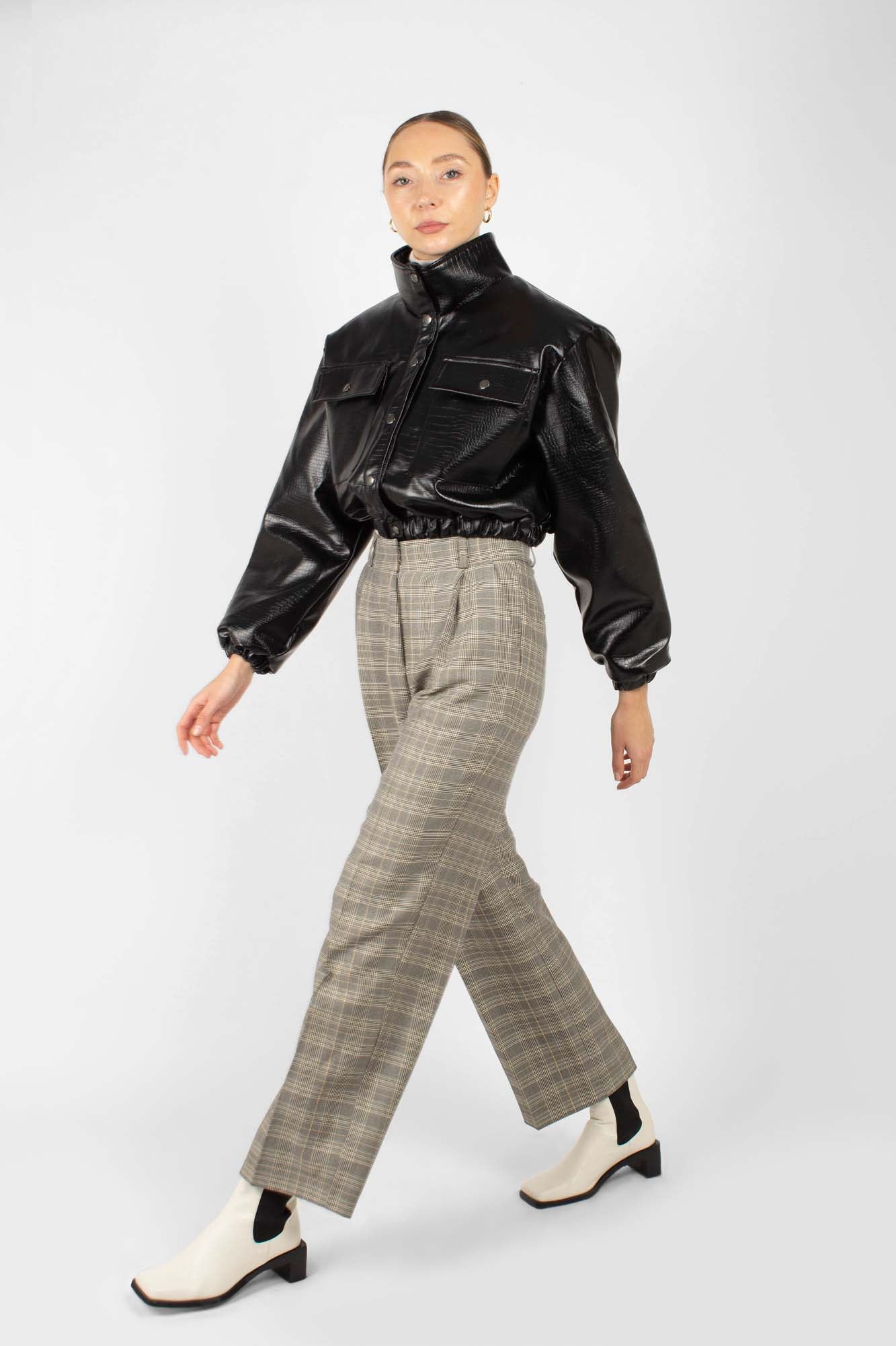 Grey checked high waisted loose fit trousers_2