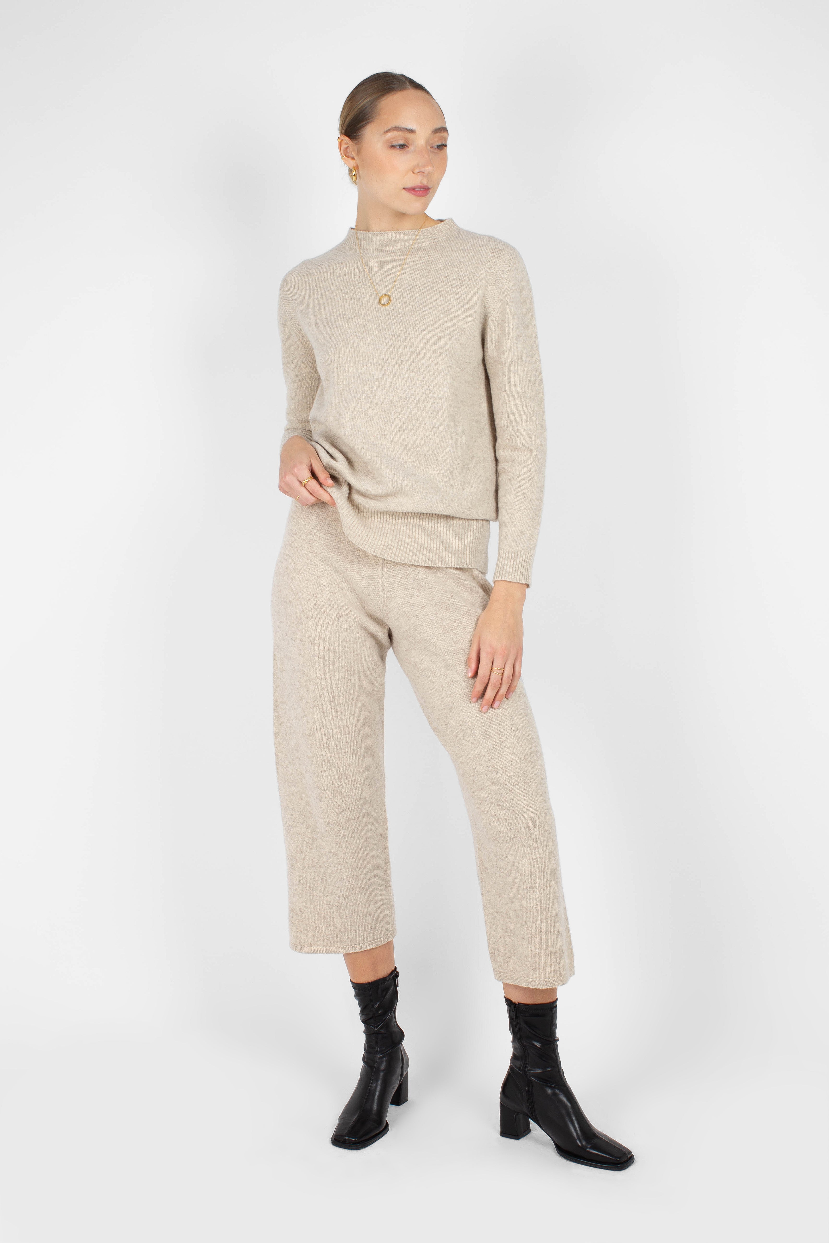 Ivory cashmere wool blend knit trousers_1