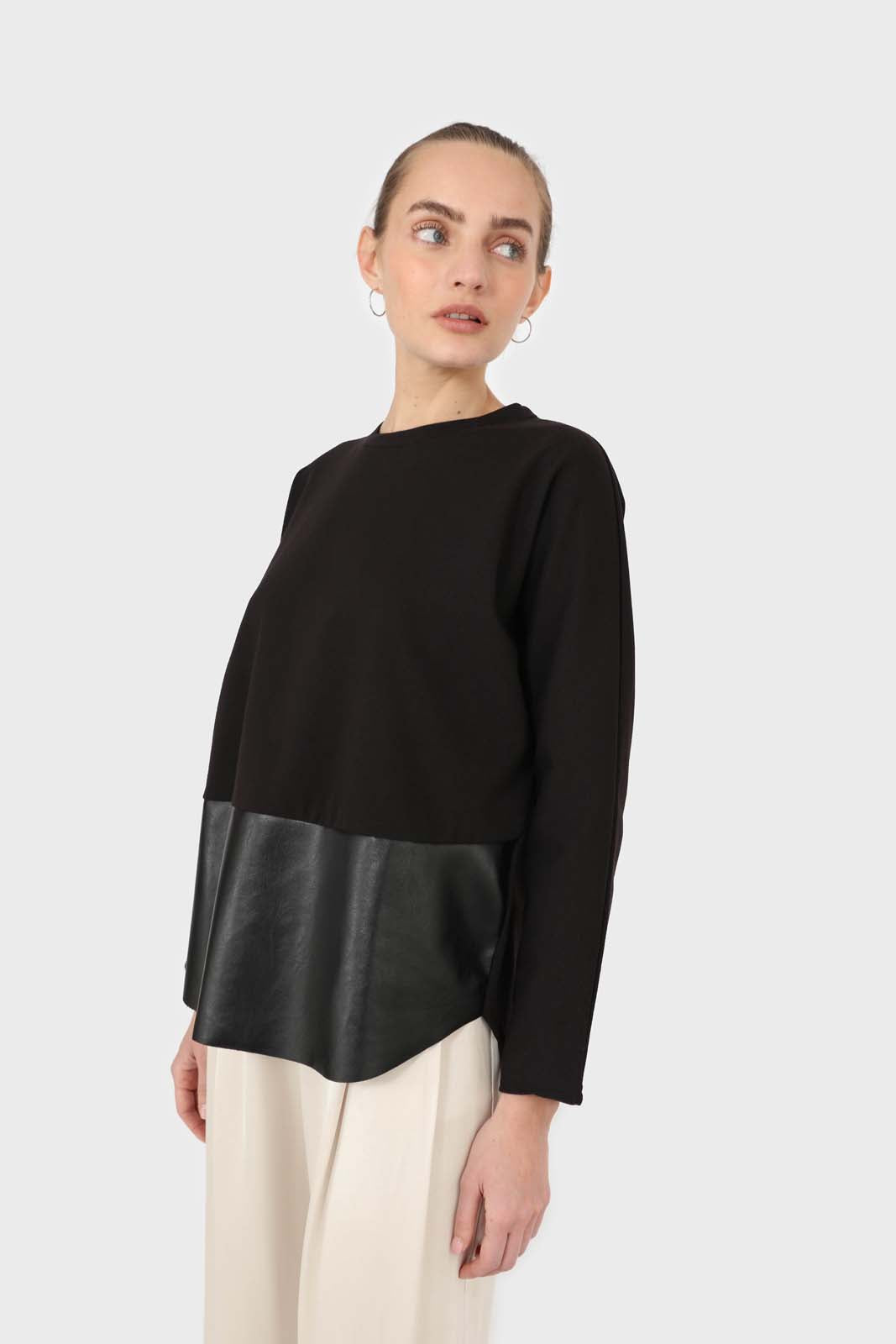 Black vegan leather contrast hem top_5