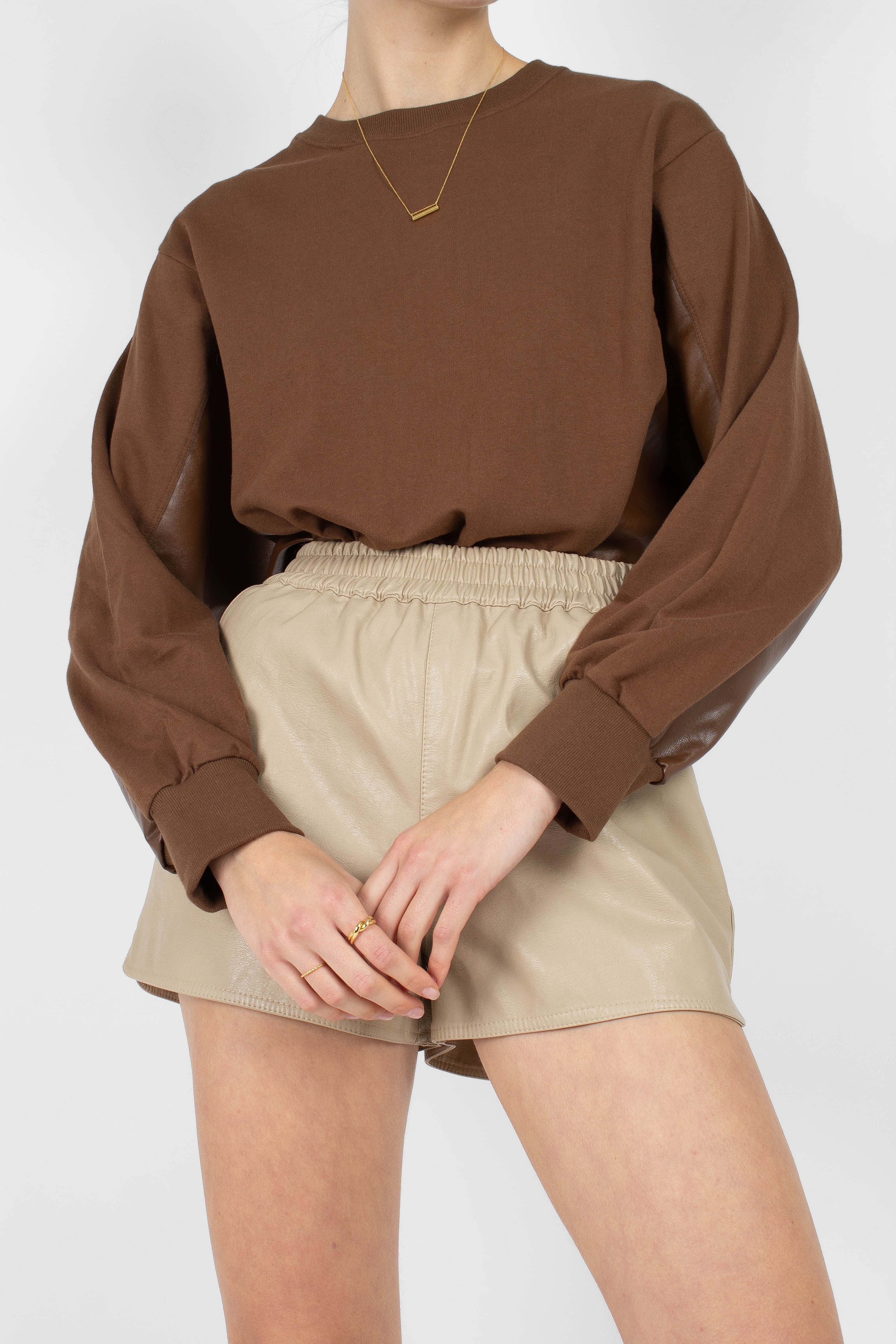 Brown vegan leather contrast panel sweatshirt_3