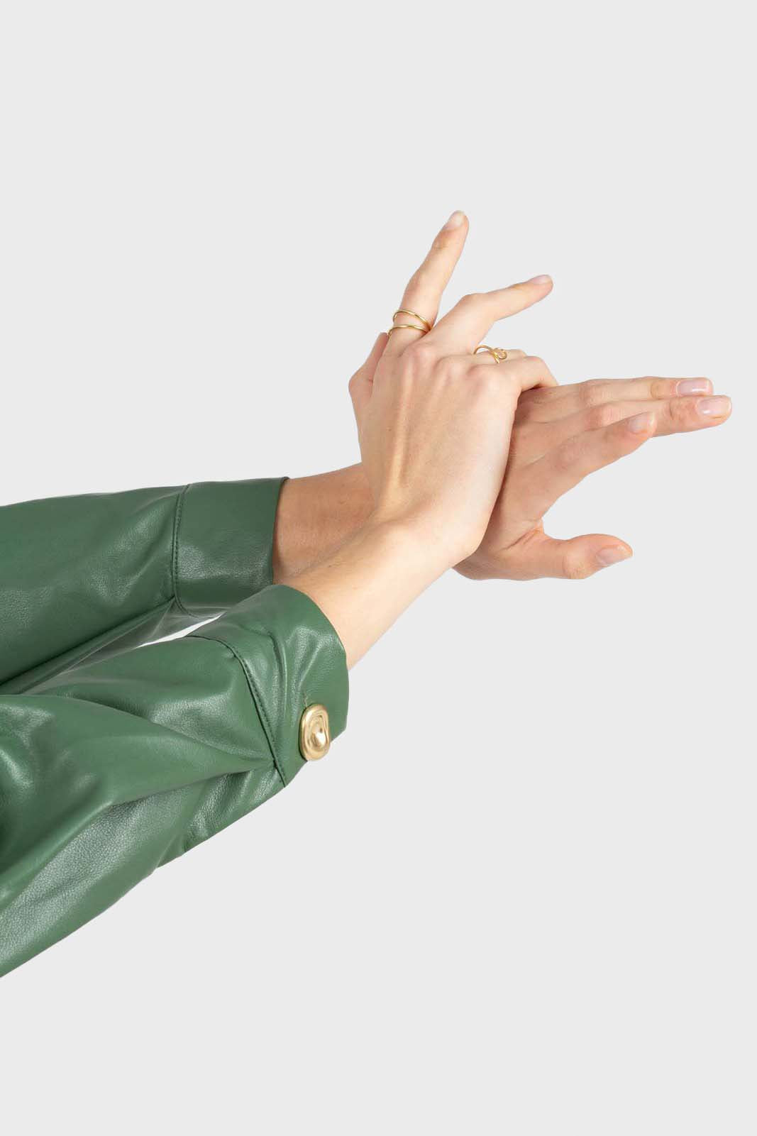 Green gold button vegan leather shirt_7