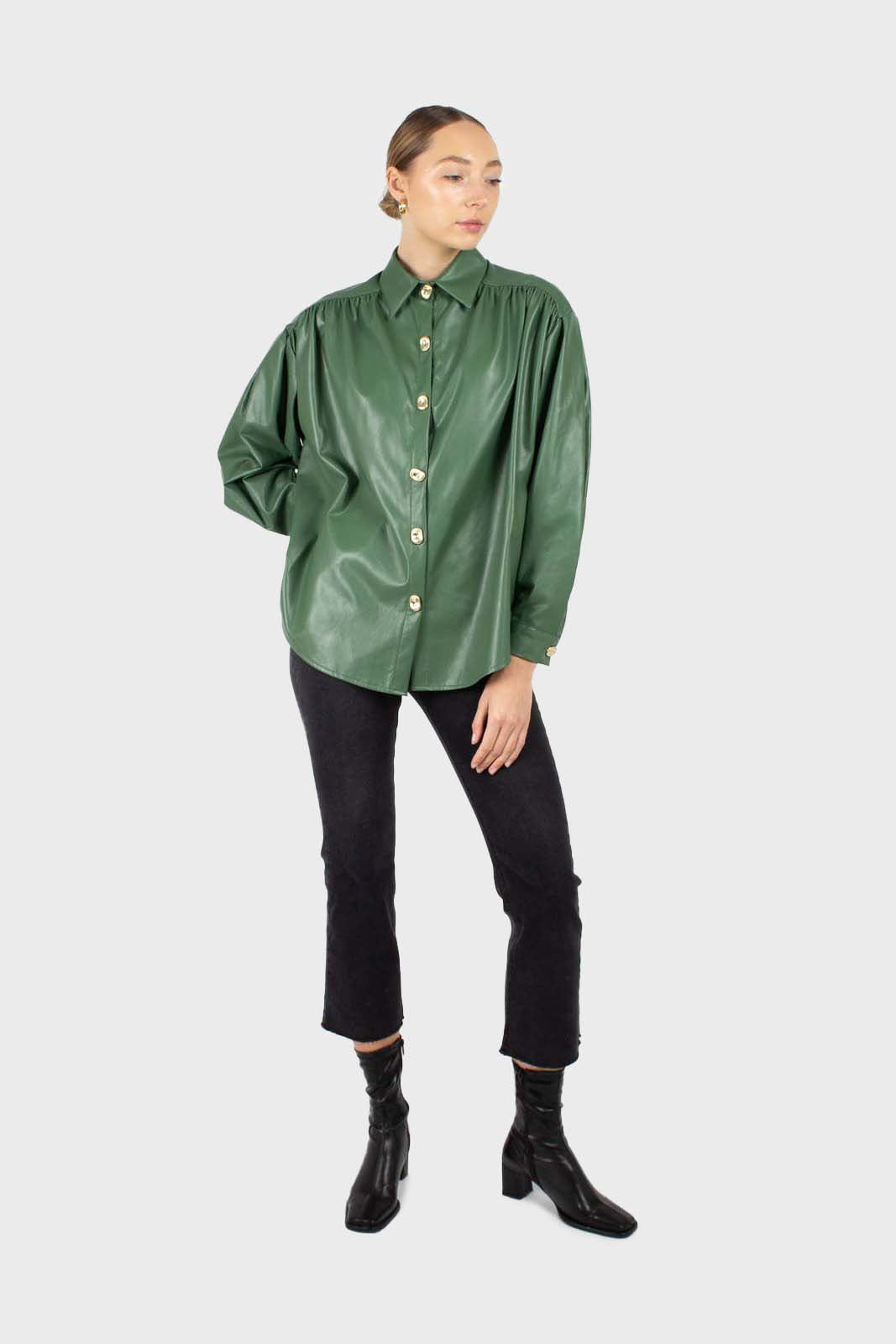 Green gold button vegan leather shirt_4