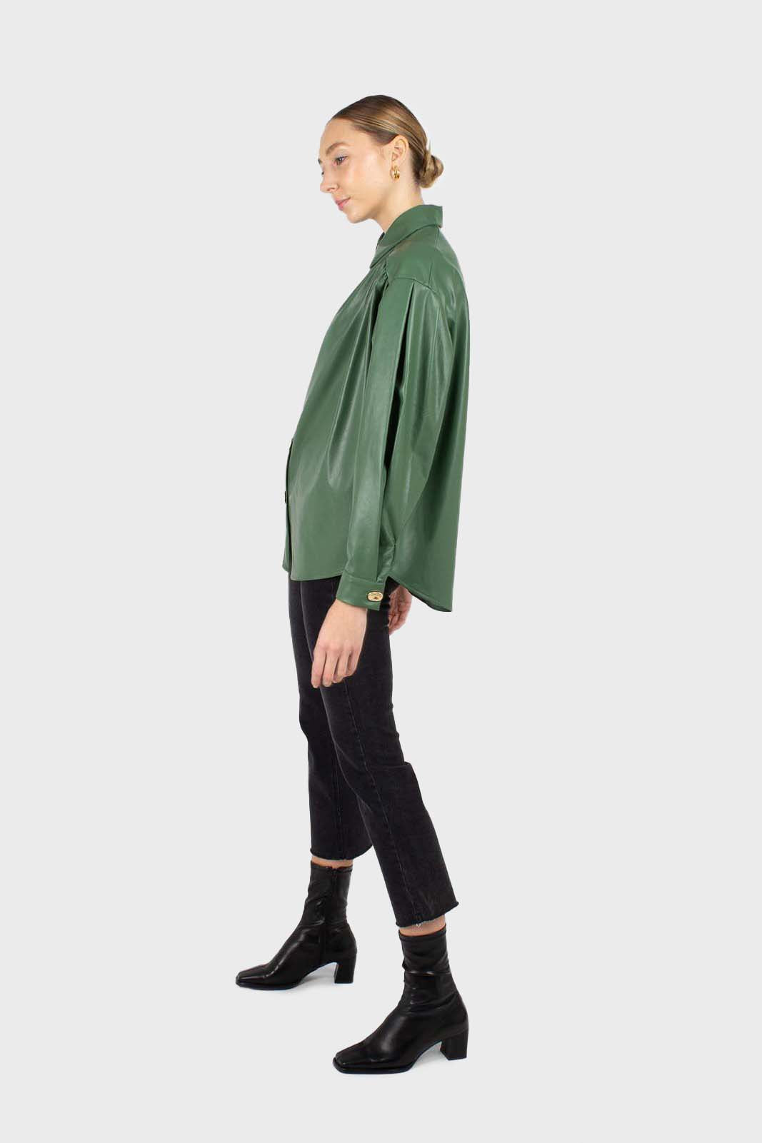 Green gold button vegan leather shirt_6