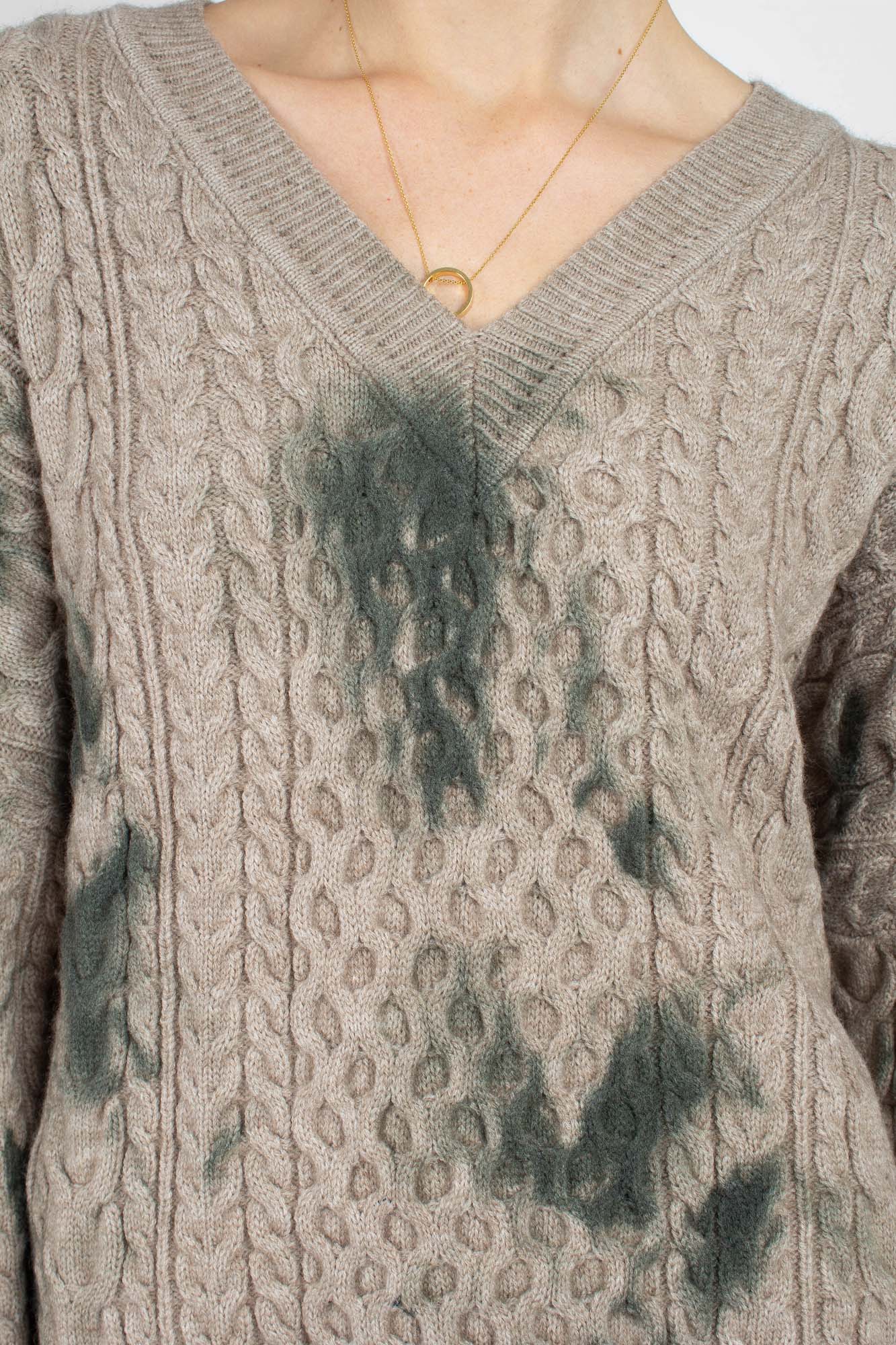 Beige and khaki tie dye V neck jumper_6