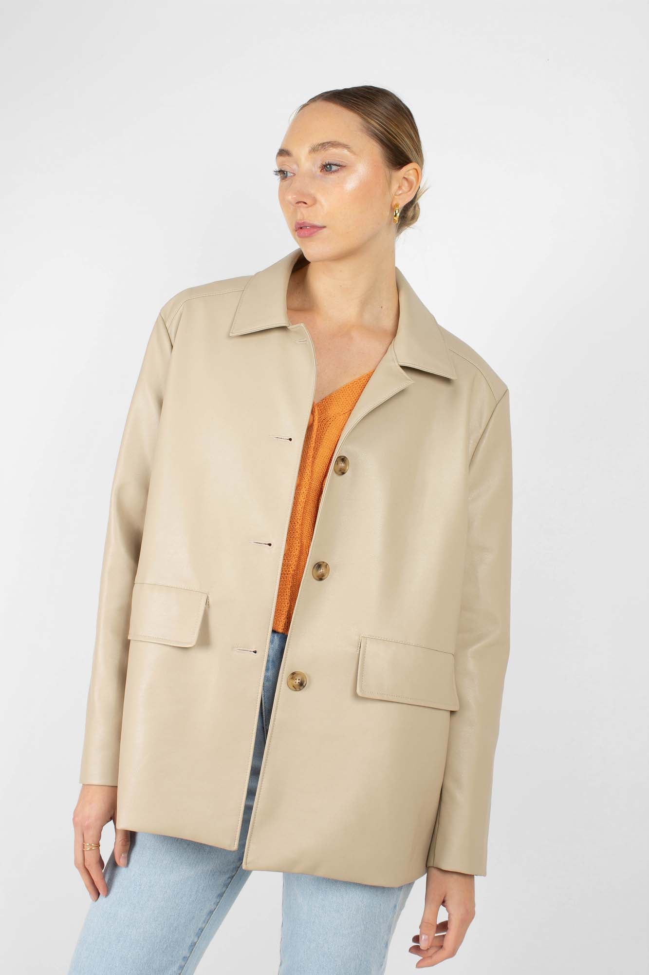 Light beige vegan leather belted jacket_5
