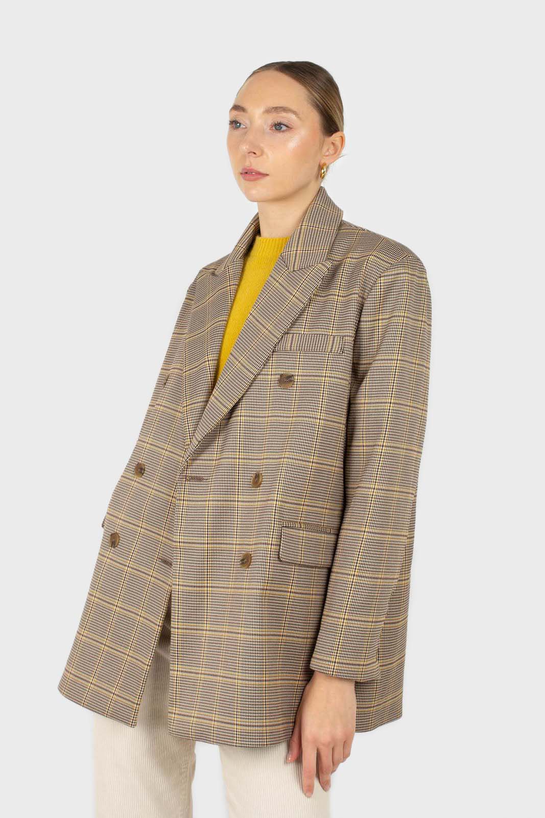 Beige and yellow houndstooth checked oversized blazer_1